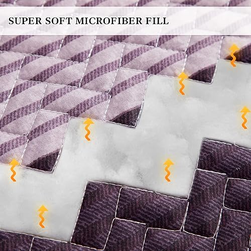 Miniatura 3 de Flysheep Juego de edredón bohemio a rayas tamaño individual, 2 piezas de edredón reversible morado y gris, colcha de microfibra cepillada para todas