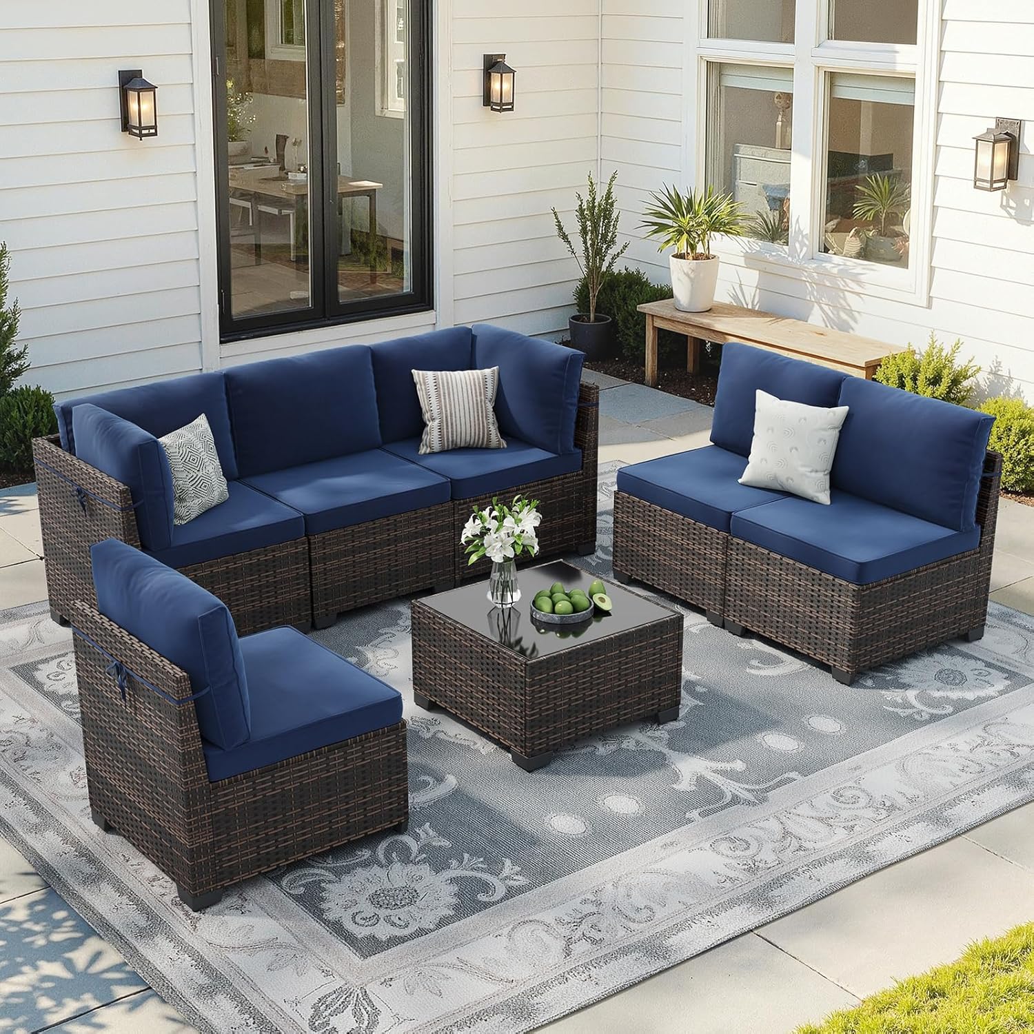 Soohow 7-Piece Patio Furniture Set, Outdoor Conversation Set, Thickened All-Weather Rattan Sectional Sofa with Tempered Glass Table for Garden, Porch, Backyard - Navy Cushions