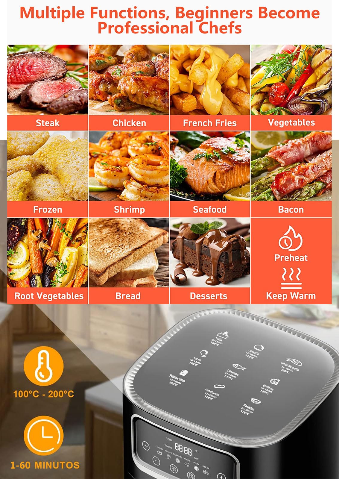 COYOUCO Friggitrice Ad Aria 8 Litri 1400W Antiaderente 9 Programmi Preimpostati - Cottura Senza Olio - Timer Temperatura 60 Minuti - Cestelli Lavabili in Lavastoviglie