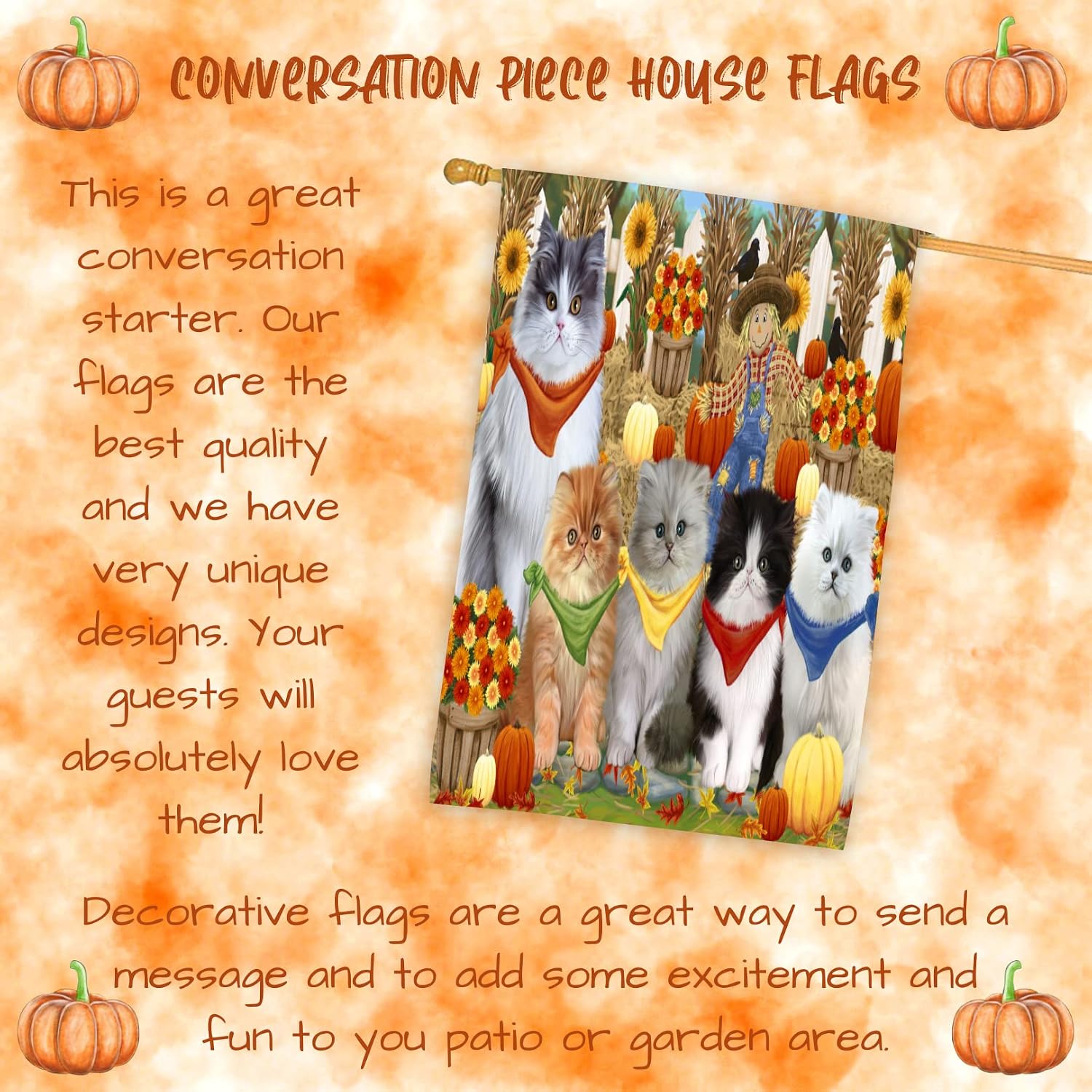 Fall Festival Persian Cat House Flag 28x40 Double Sided – Cat Mom with 4 Kittens in Fall Setting with Scarecrow, Black Crows, Pumpkins & Flowers