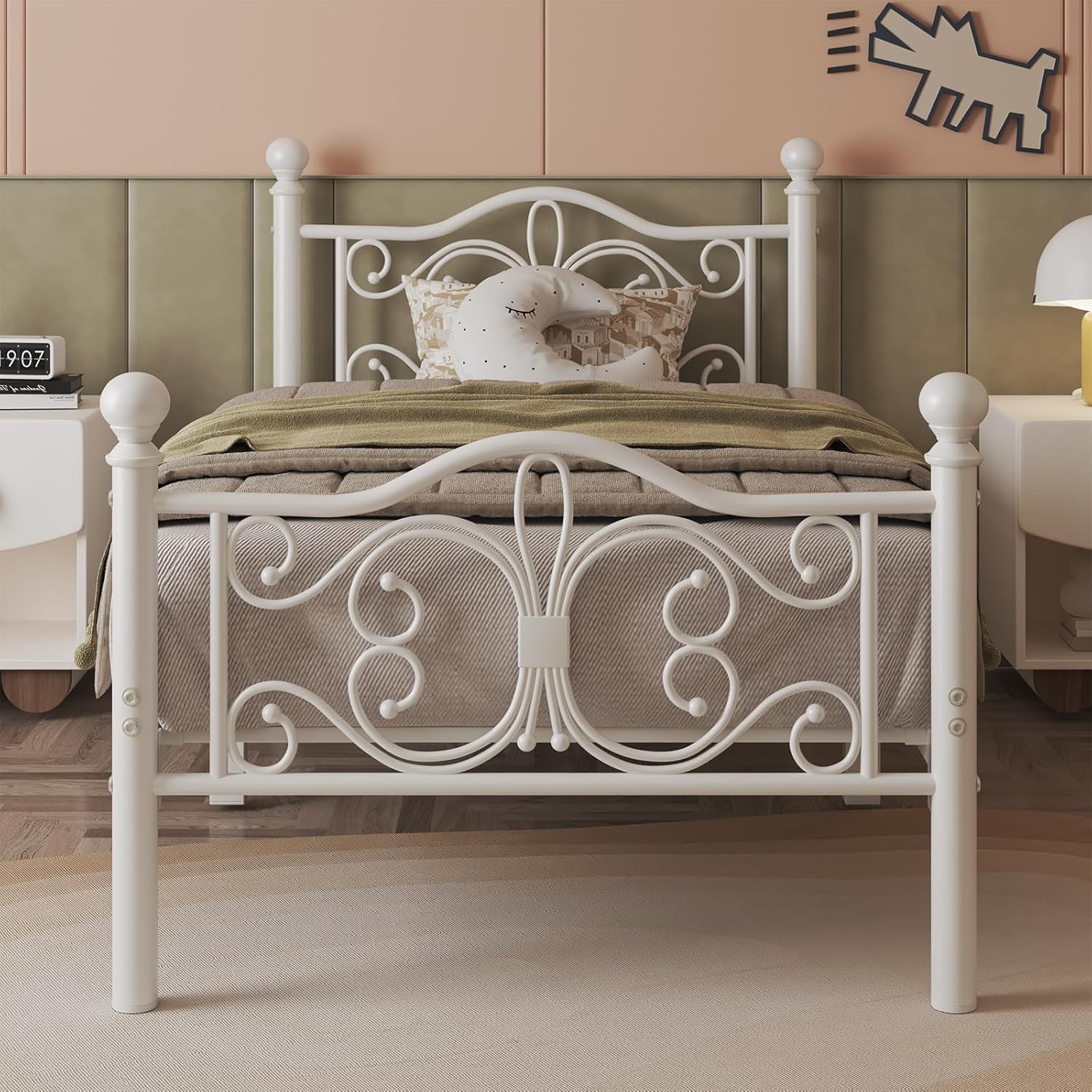 Twin Size Bed Frame/Metal Platform Bed Frame with Butterfly Pattern Design Headboard and Footboard/Strong Metal Slats Support/No Box Spring Needed/Easy Assembly/Noise-Free/White