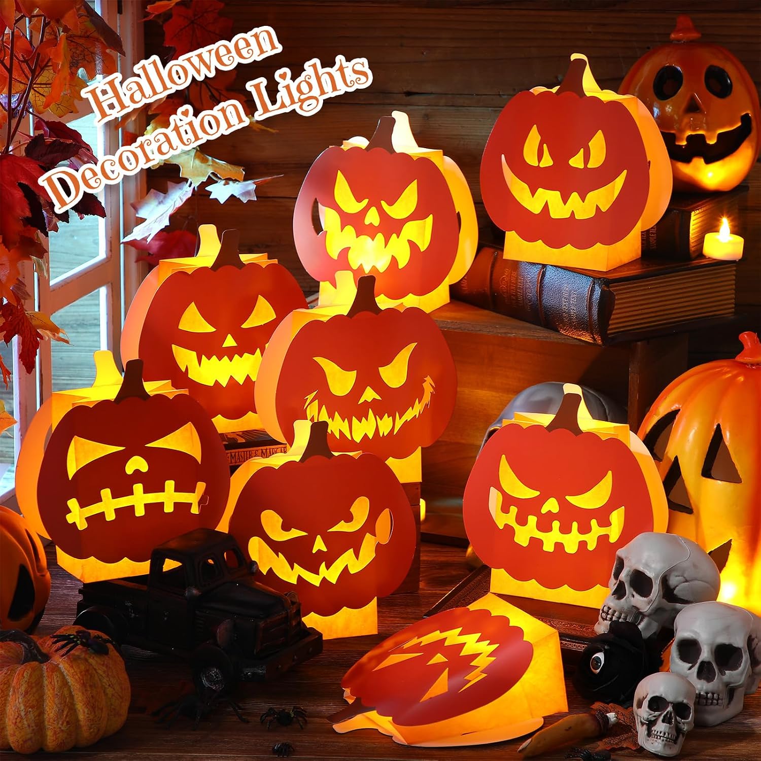 Watersay 24 Pcs Halloween Luminary Bags with 24 Pcs LED Tea Lights Pumpkin Lantern Luminary Paper Bags with 48 Pcs Pumpkin Cards with 8 Different Pumpkin Faces Halloween Decoration Candle Holder Bag