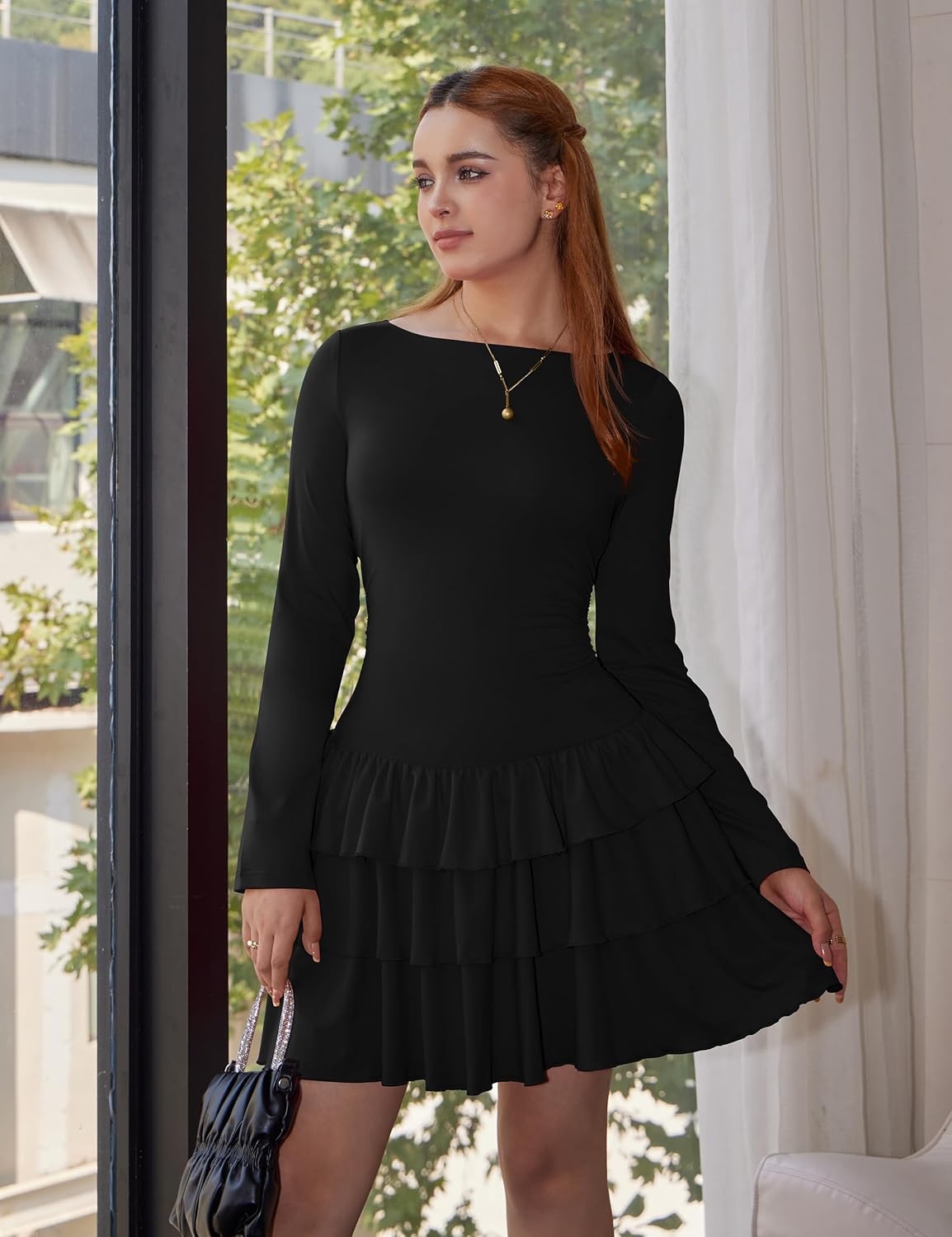 Women's Long Sleeve Boat Neck Tiered Ruffled Bodycon Slim Fit Party Club Mini Dress - Image 7