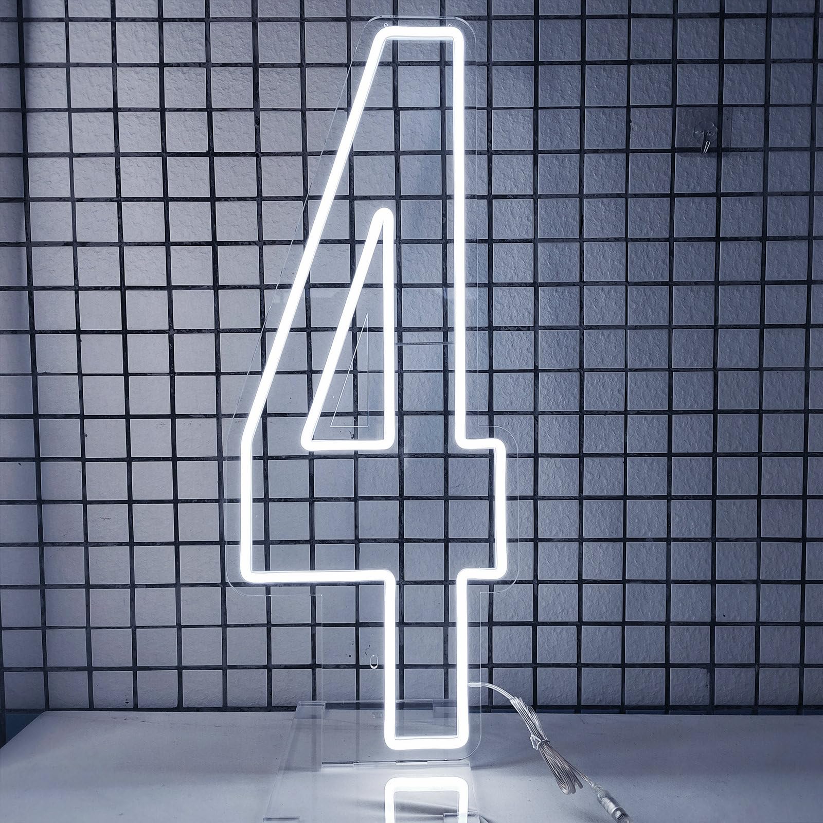 DS&DV Led Neon Number 4 Light Sign,Dimmable Neon Letters with Stand Up Base for Party Decoration (30" Cool White, Number 4)