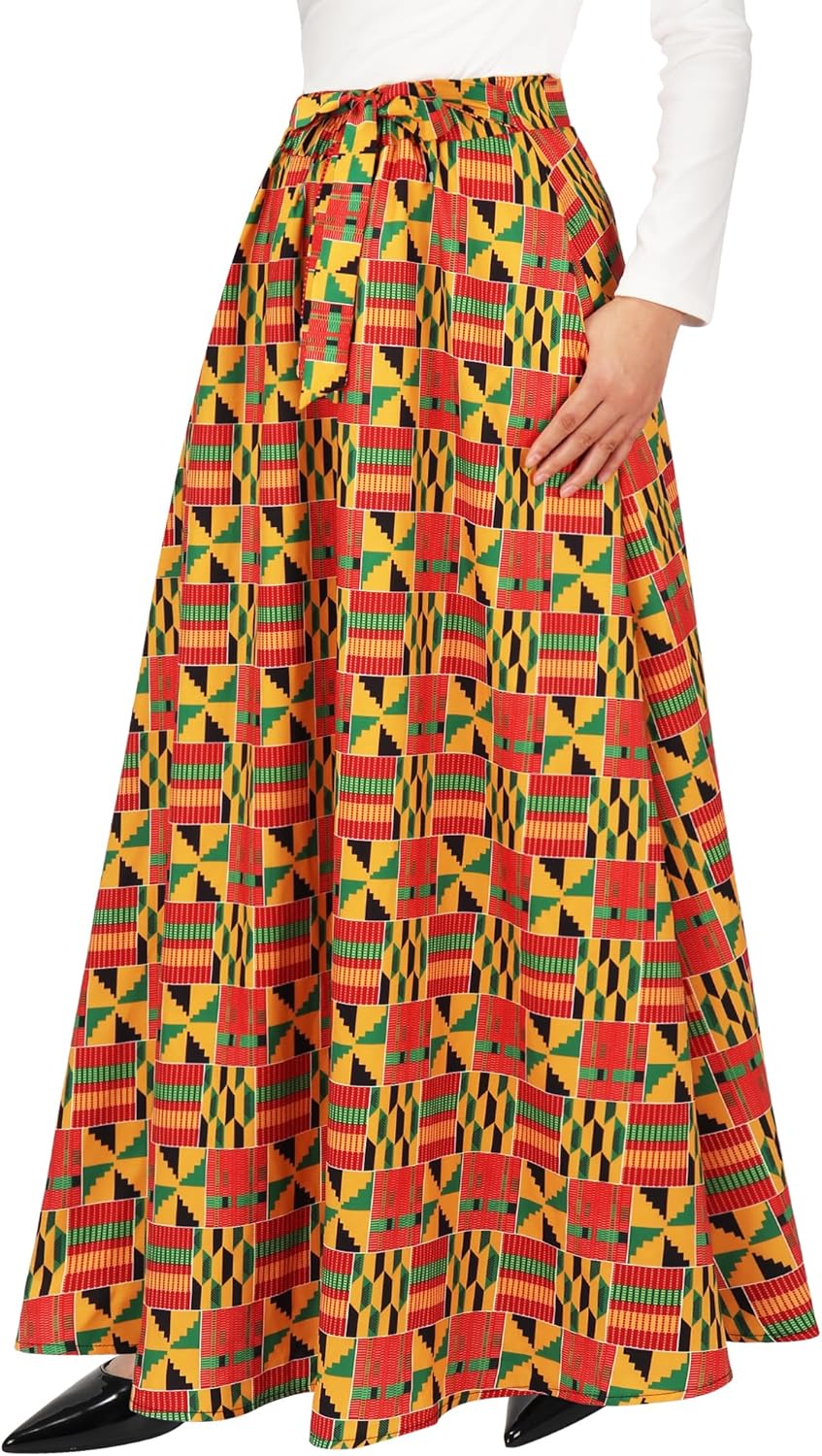 3 Pcs Women African Print Skirt Traditional Dashiki Costume African Dress Head Wraps Scarf Drop Dangle Earrings - Image 4