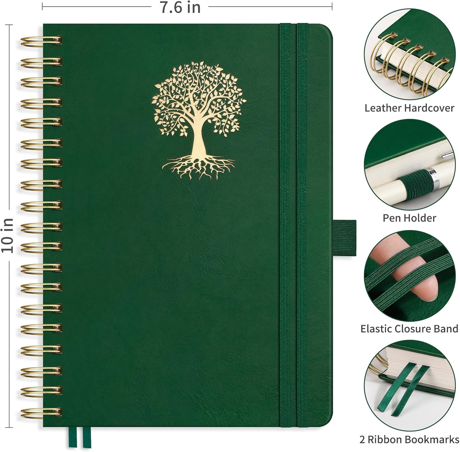 RETTACY Spiral Journal Notebook, 300 Numbered Pages, B5 Medium Size (7.6'' x 10''), for Men & Women, Journaling, Writing, Work & Office, Leather Hardcover, 100 GSM Thick Paper (Dark Green) Ruled Dark Green
