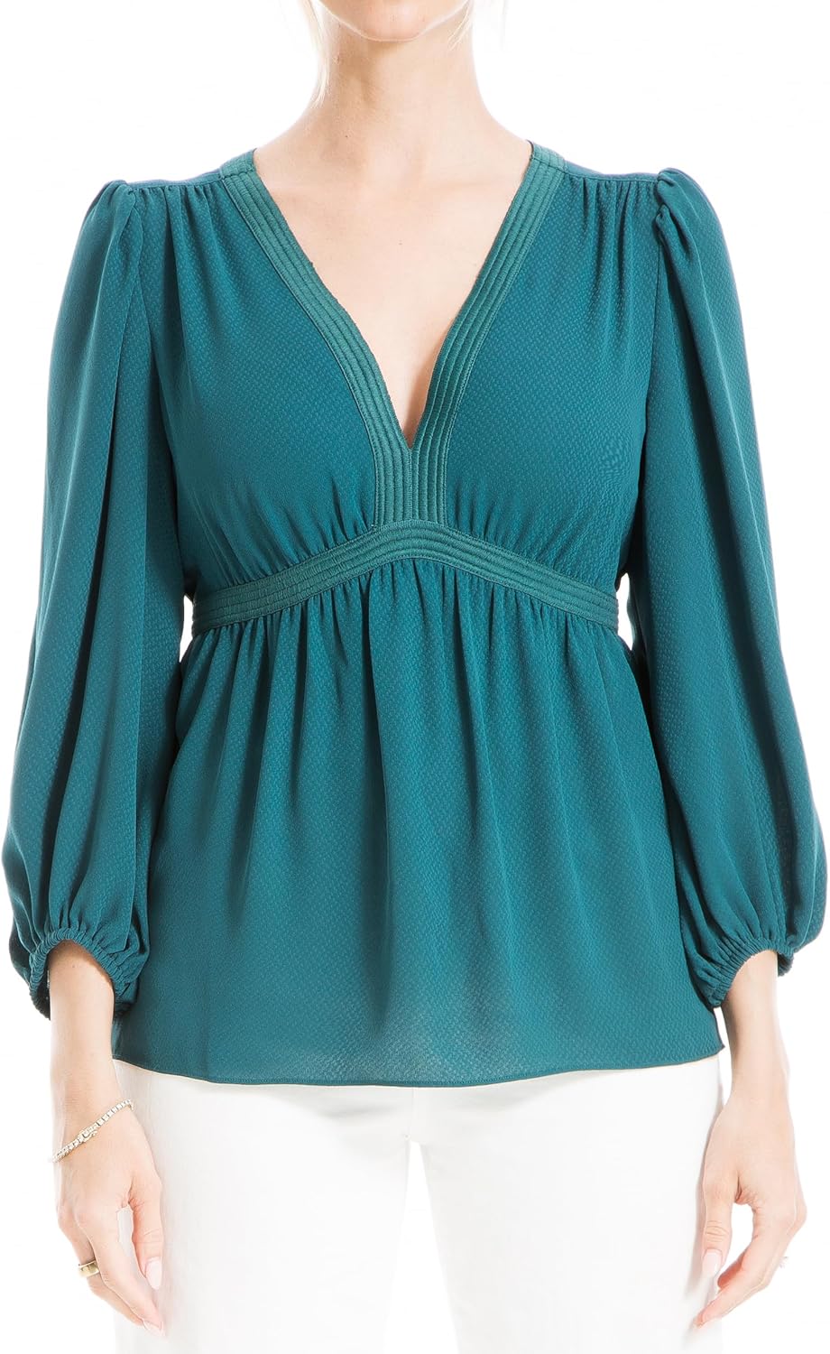 Max Studio Womens Long Sleeve V-Neck Empire Waist Blouse - Image 2