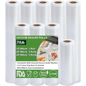 Vacuum Sealer Film 9 Rolls Vacuum Bags Vacuum Bags Food 28/20/15 x 300 cm BPA Free Tear Resistant 190  m Vacuum Rolls for Vacuum Sealers Microwaves and Sous Vide
