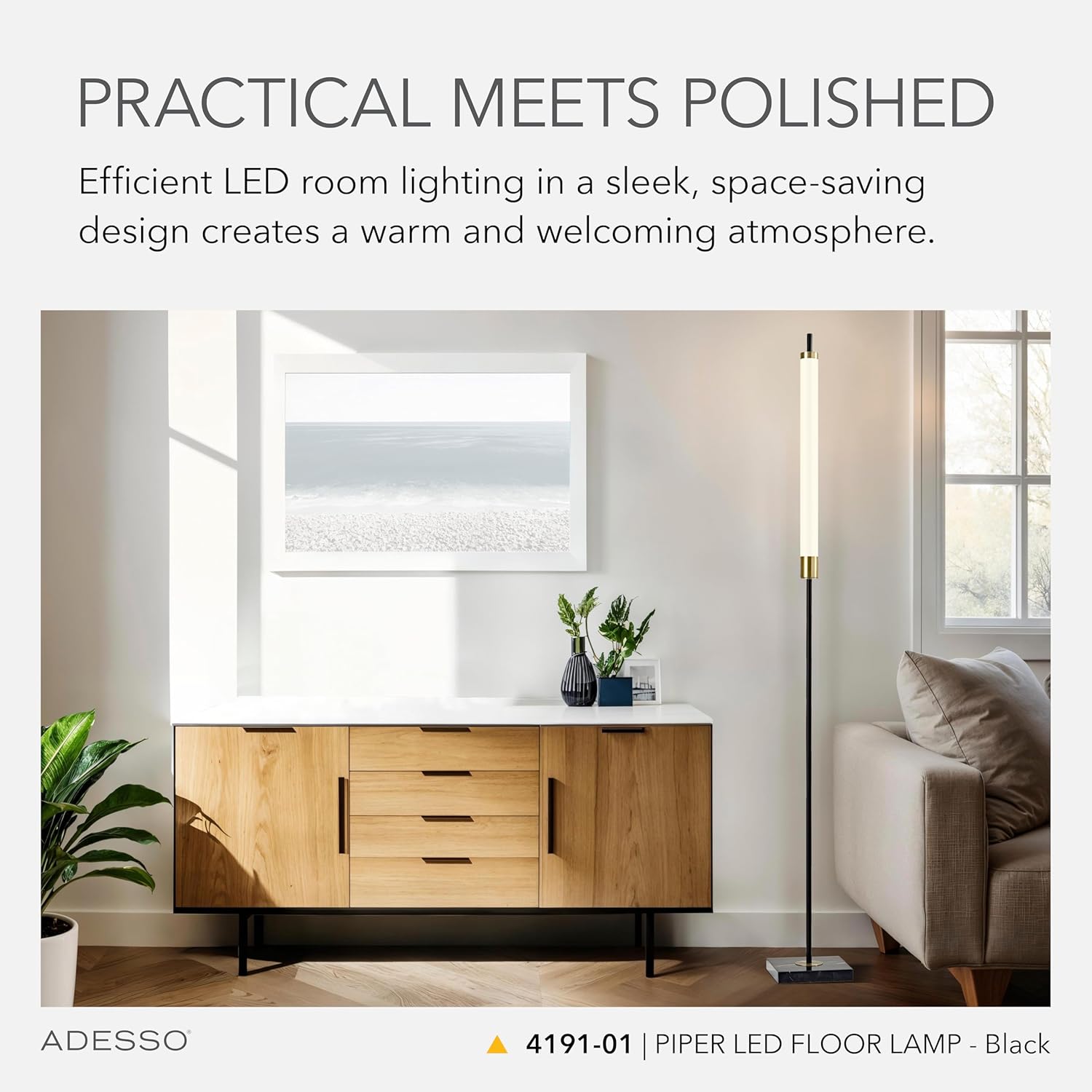 Adesso LED Floor Lamp – Black with Antique Brass and Frosted Shade, 4-Way Brightness, 12W Integrated LED Accent Light for Living Room, Bedroom, and Home Office, 72” Tall