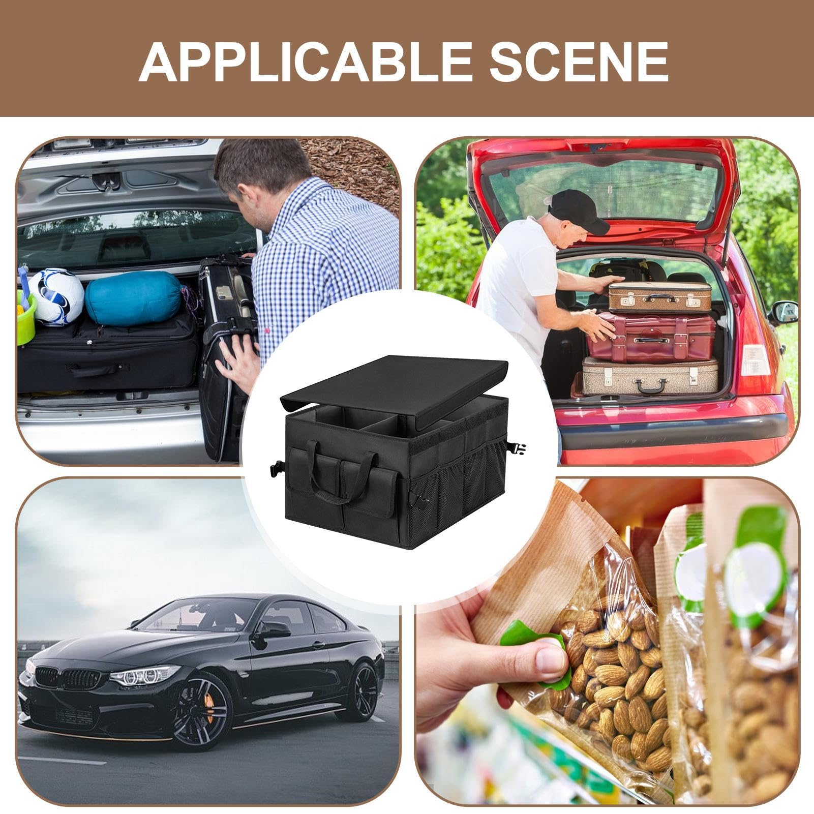 Organiseur de coffre de voiture, grande capacité, sangles de sécurité Oxford avec fond antidérapant pour toute voiture, SUV, -fourgonnette