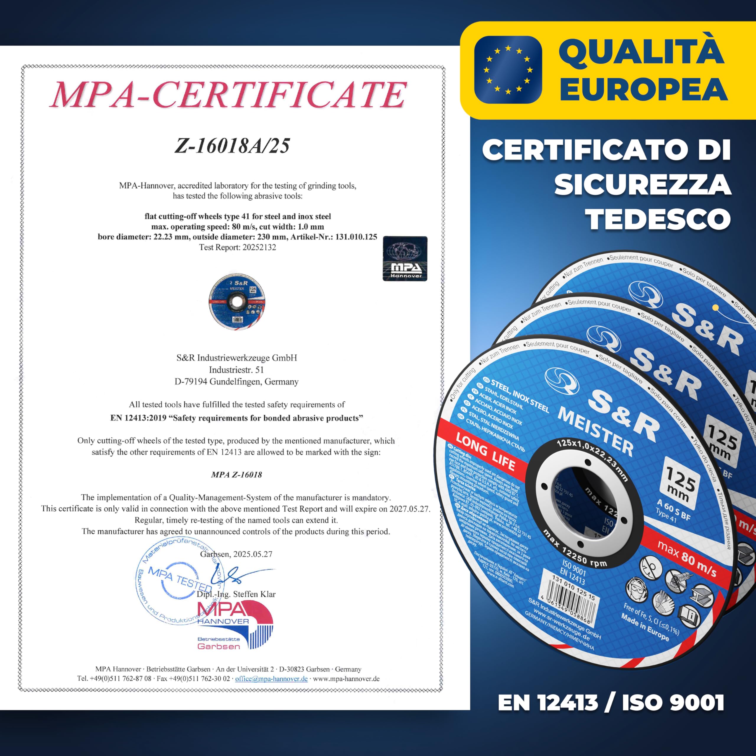 S&R Disco da Taglio Metallo 125 x 1 mm. Disco 125mm Smerigliatrice per taglio Ferro e Acciaio Inox - Disco per metallo ultra sottile 1 mm - 15pz