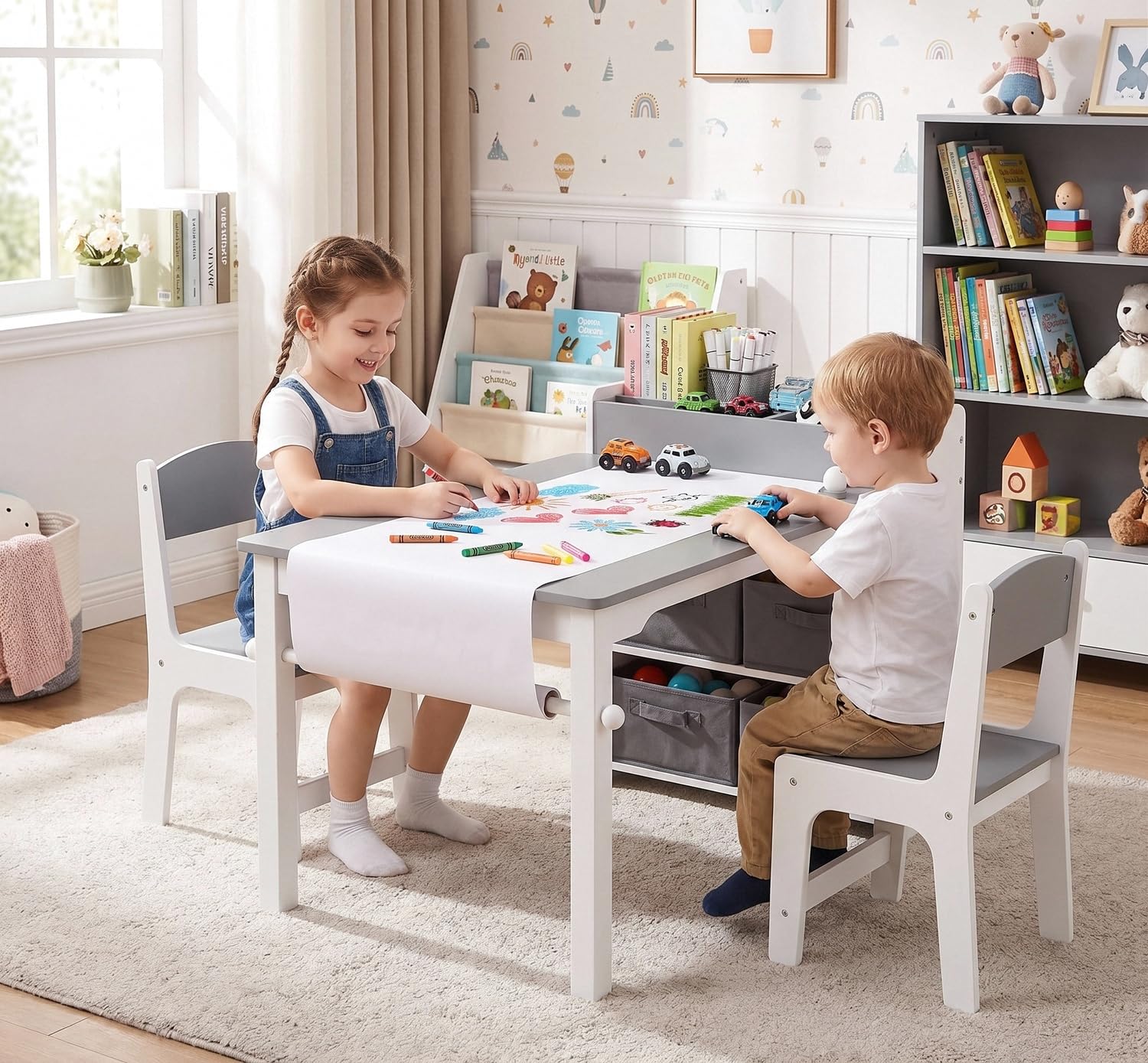 Clevich Kindertisch mit 2 Stühlen, Kindertisch mit Stauraum, Kinder Tisch Stuhl Set Holz,Maltisch Schreibtisch mit Papierrolle, 4 Aufbewahrungskiste,Kindersitzgruppe Kindertagesstätte,Grau
