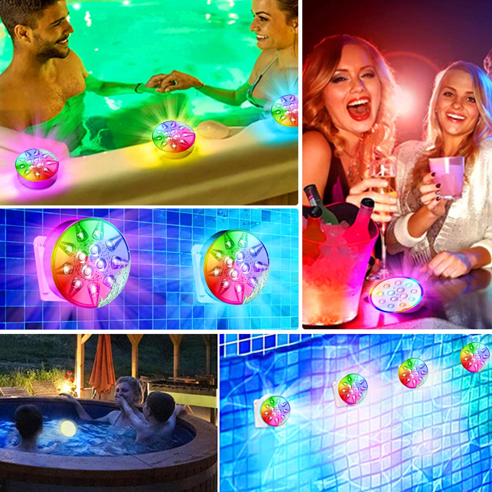 HOSPAOP Poolbeleuchtung Unterwasser LED Licht Wiederaufladbare, Wasserdichte mit RF Fernbedienung, USB, Timer, RGB 13 LEDs für Pool Whirlpool Aquarium Teich Vase Party Beleuchtung (2er)
