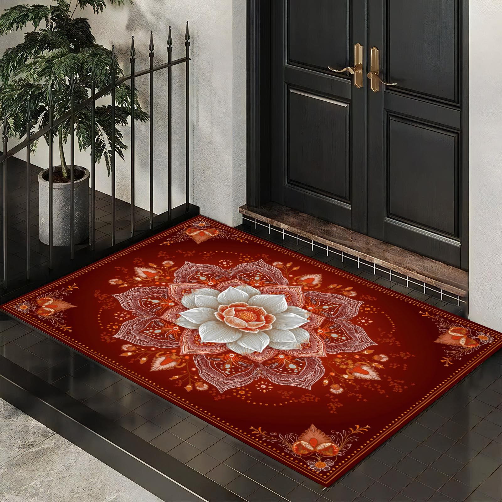 Tapis de porte lavable machine et super absorbant rouge pivoine 60x90