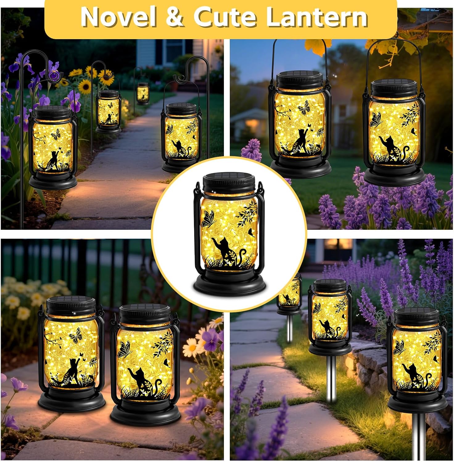 Cat Solar Lanterns 3-IN-1 Outdoor Waterproof - Birthday Gifts for Cat Lovers Women Mom Christmas, Mason Jar Hanging Lanterns with Stake, Garden Decor Lights for Patio Yard Balcony Decorations, 2 Pack