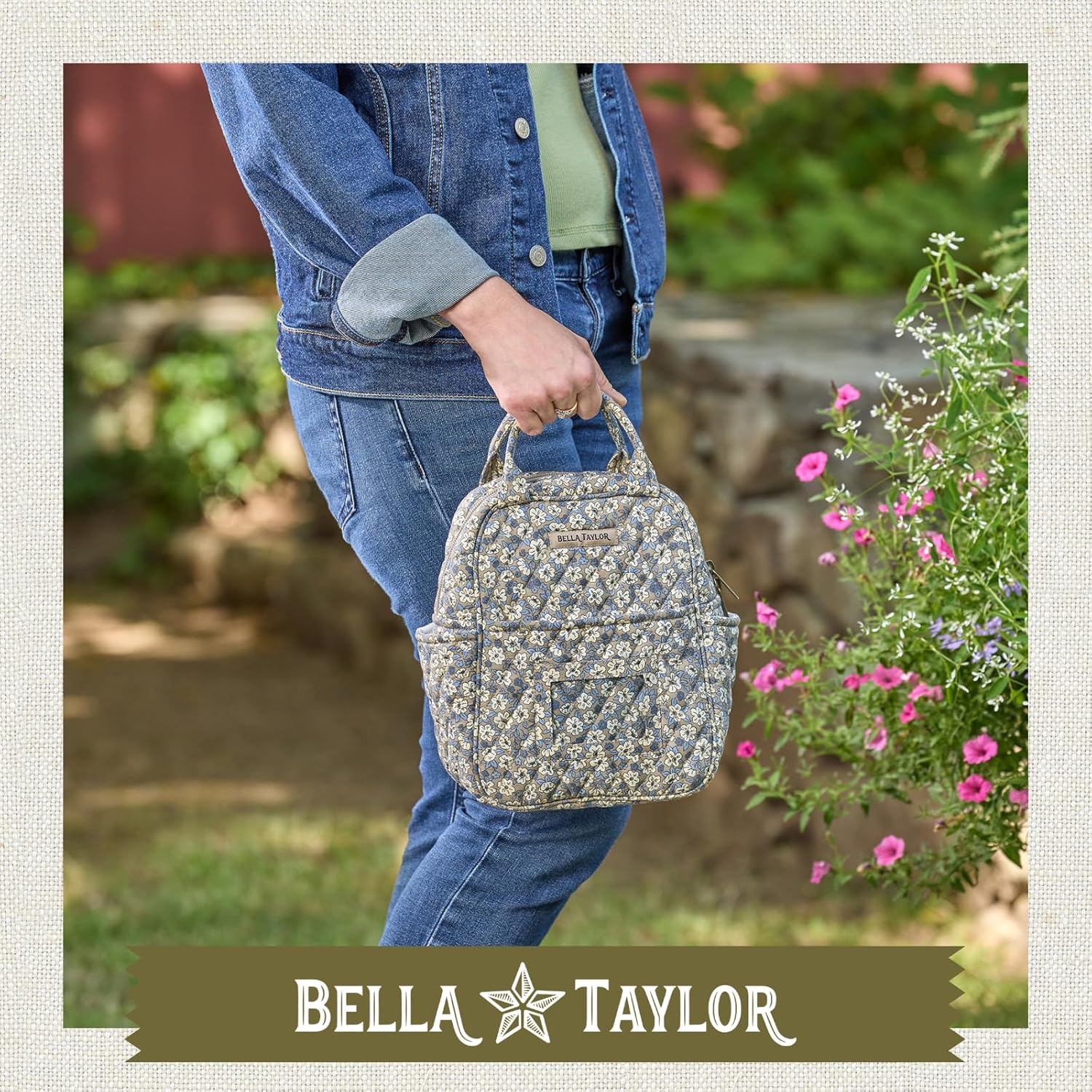 Bella Taylor Quilted Cotton Lunch Tote for Women, Foodsafe with Easy Clean PEVA Liner, Khaki Floral