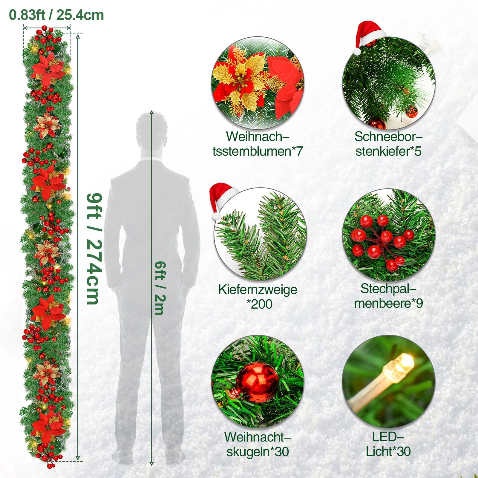 SHAVINGFUN Guirlande de Noël artificielle pré-éclairée, rotin vert avec baies rouges, guirlande de Noël avec lumière pour escaliers, cheminées, portes, arbre de Noël, jardin, cour, décoration de Noël