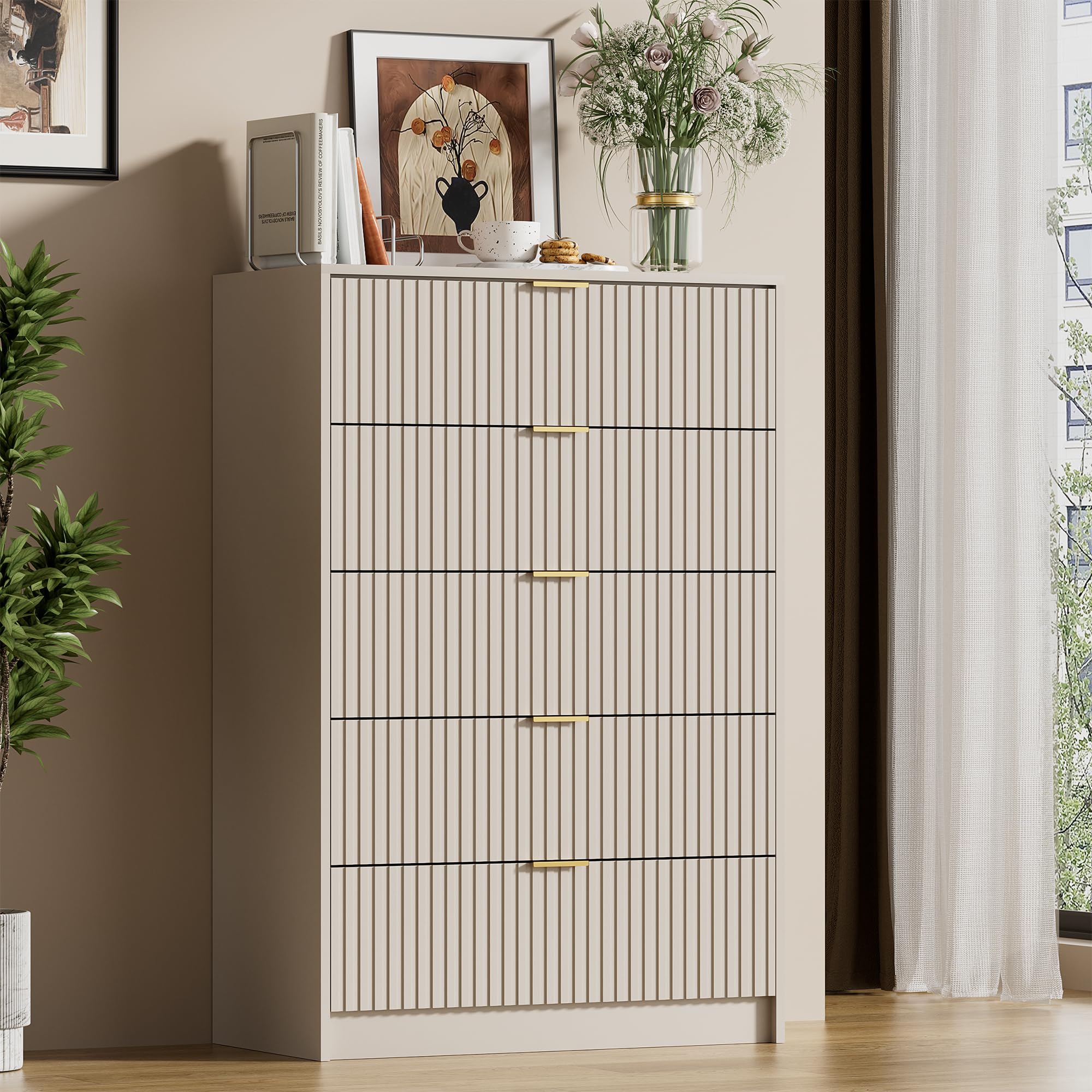 Furniway Beige Dresser for Bedroom, Modern Dresser with 5 Drawers and Smooth Slides, Wide Chest of Drawers with Golden Handles for Bedroom, Living Room, Closet, 15.7" D x 31.5" W x 47.2" H