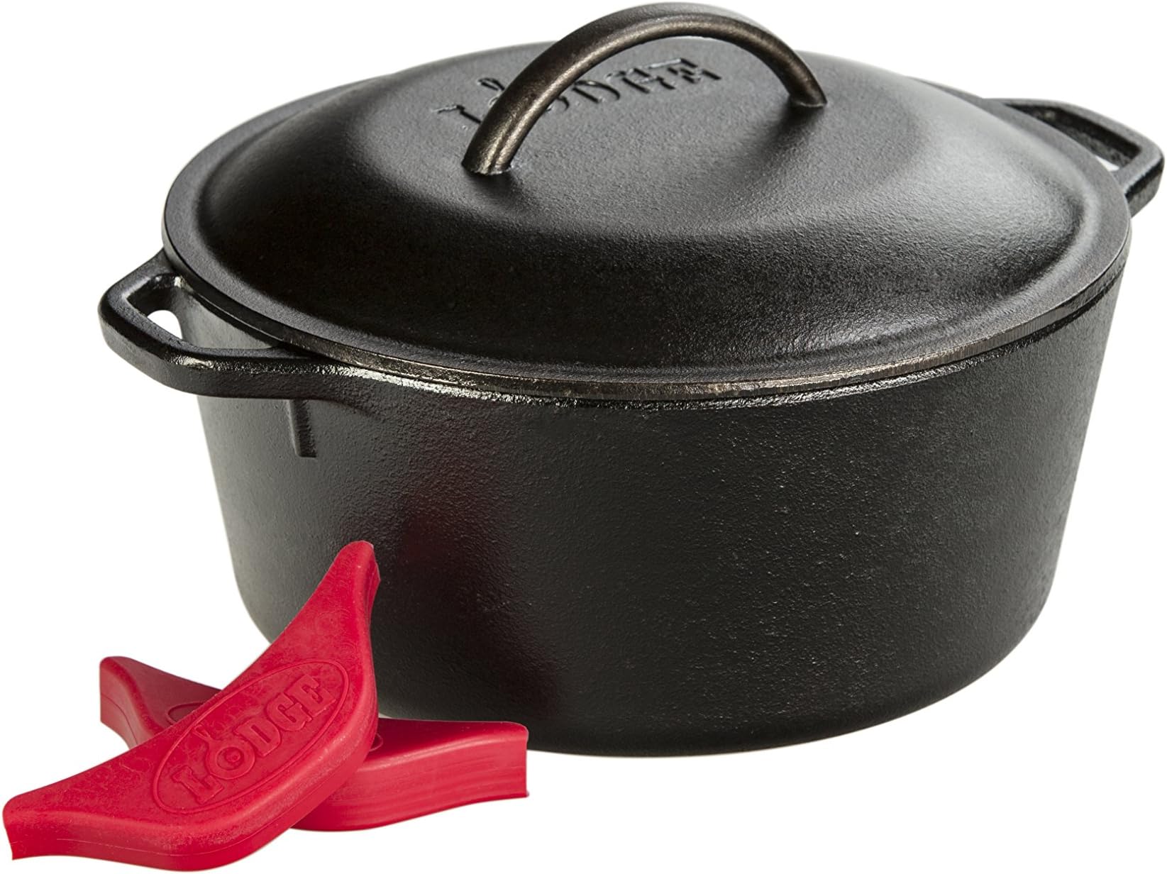 Lodge, L8DOL3HH41PLT, Cast Iron Dutch Oven with Handle Holders, 5-Quart, Black/Red