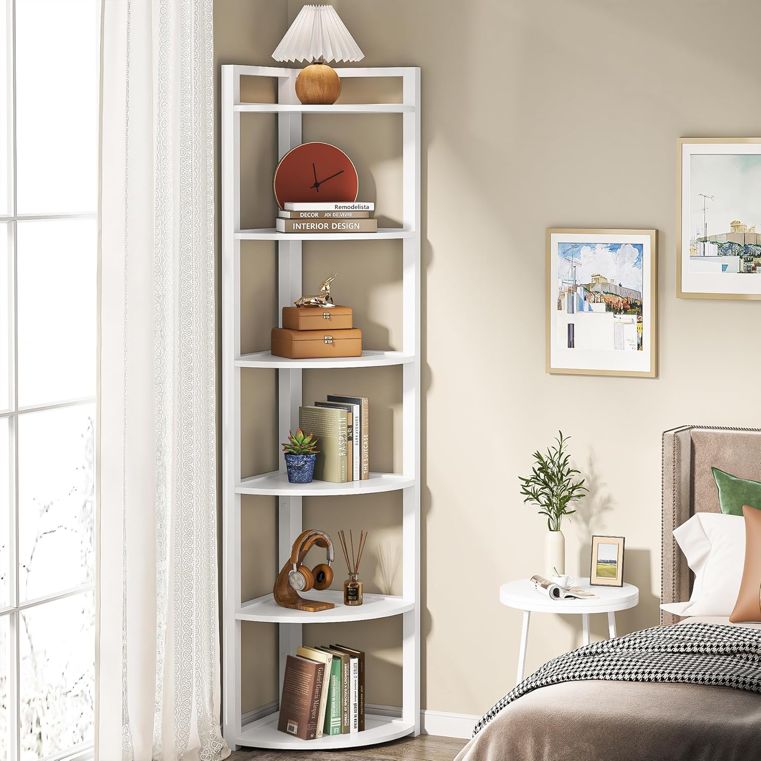 Tribesigns 6 Tier Corner Shelf, 70.9 Inch Tall Corner Bookshelf Small Bookcase Modern Corner Shelving Unit Storage Rack for Living Room, Home Office, Kitchen, Small Space (White)
