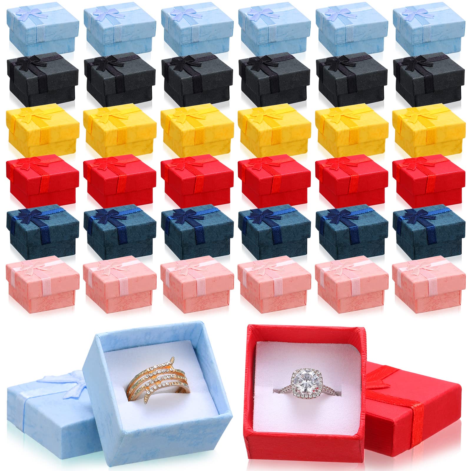 Bucherry 72 Pcs Ring Gift Box 1.6 x 1.6 x 1.1 Inches Hard Cardboard Jewelry Boxes with Ribbon Bow Small Ring Box Gift Cases for Earring Packaging Necklace Bangle Bracelets Weddings (Regular Color)