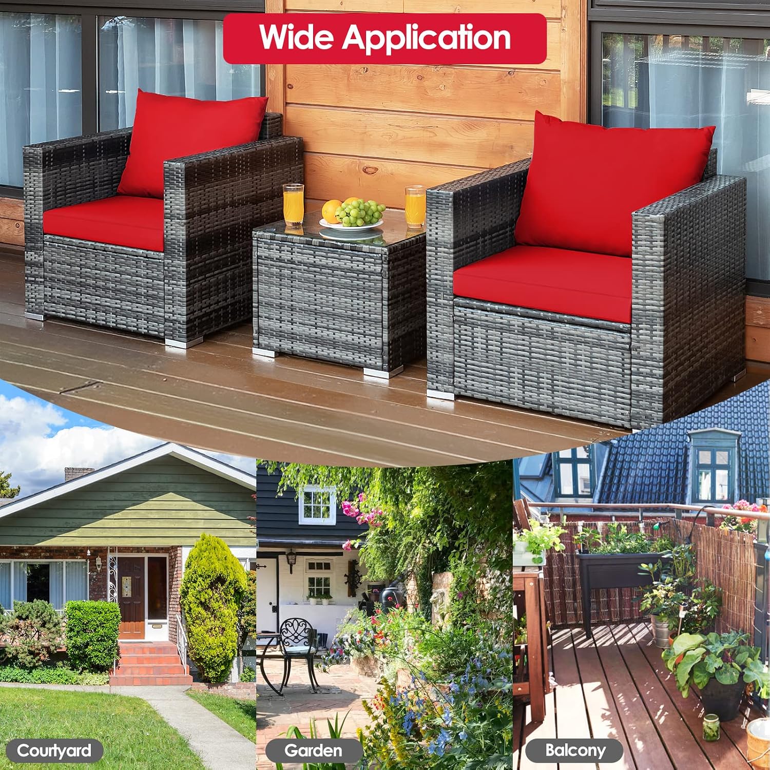 3 Pieces Patio Furniture Set Outdoor Rattan Wicker Conversation Set with Water-Resistant Cushion & Tempered Glass Tabletop, Outdoor Sectional Furniture for Porch, Balcony, Backyard(Red)