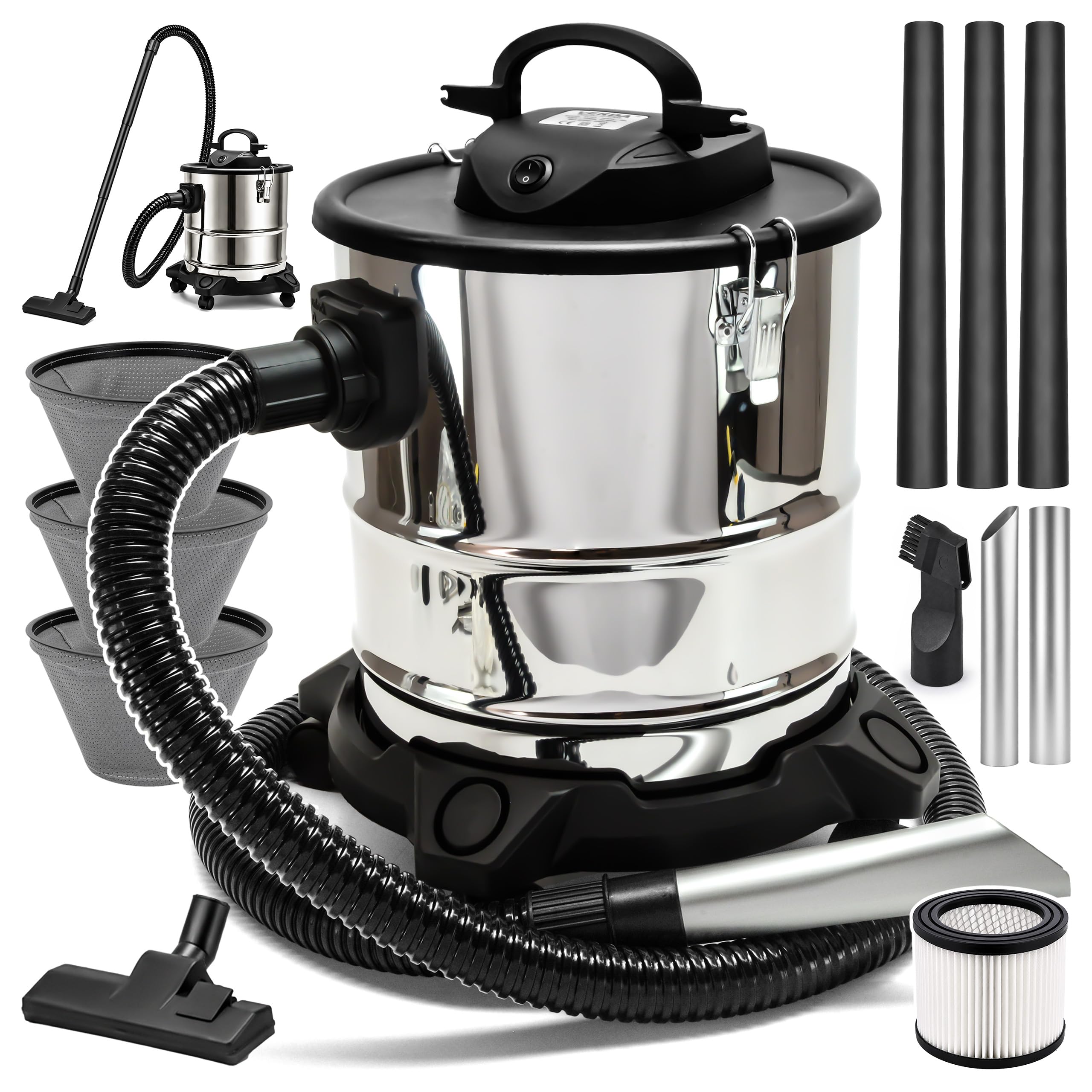 Aschesauger 20L 1650W Kaminsauger Staubsauger (Kabellänge ca. 4m) Inkl. HEPA Filter + Blasfunktion + 3x Saugrohr + DUAL Filter System + 3x Sackfilter, Antistatische Ableitkette, Aschesauger für Kamin