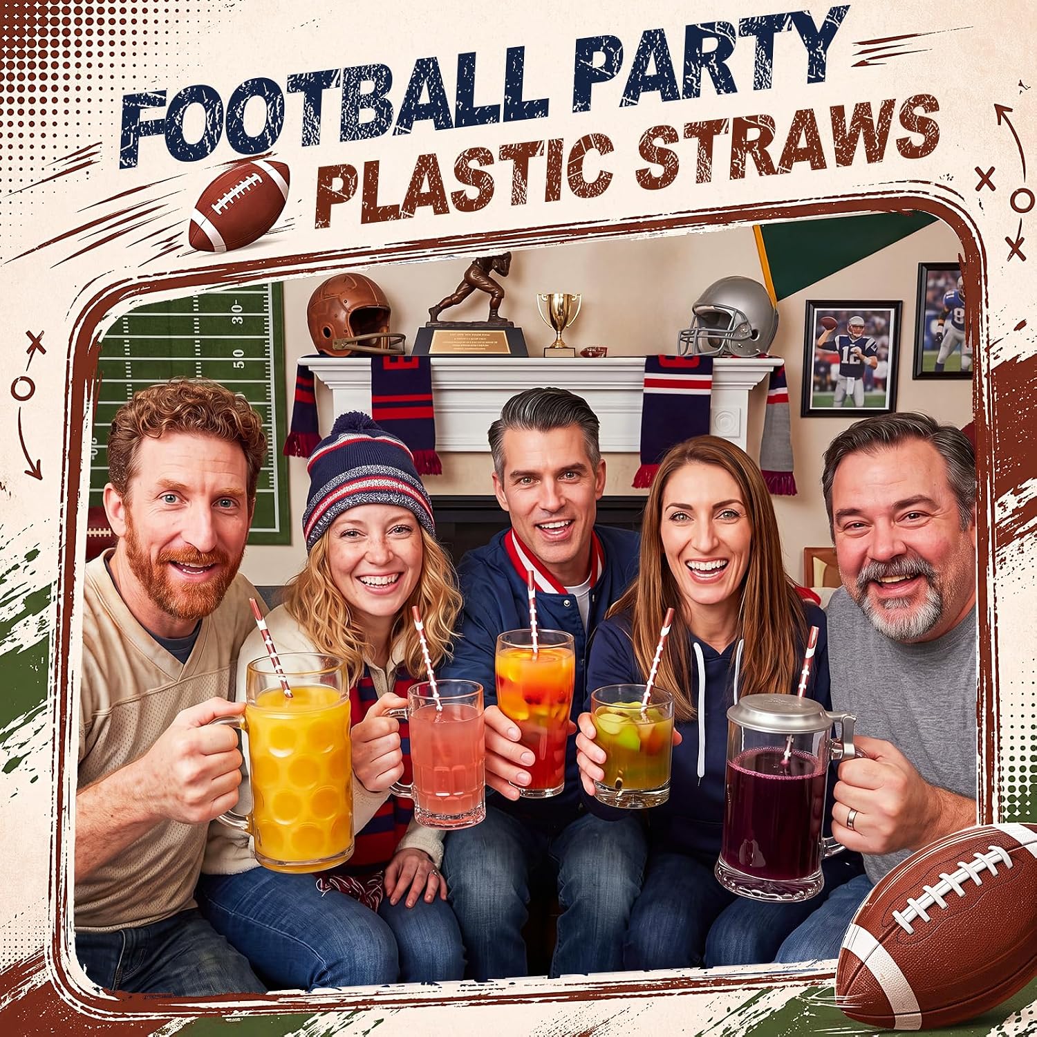 Honeydak 50 Pieces Football Reusable Straws Bulk 9" Sports Hard Plastic Drinking Straws for Beverage Cocktail Mason Jar Tumbler Football Sports Themed Birthday Wedding Tea Party Supplies