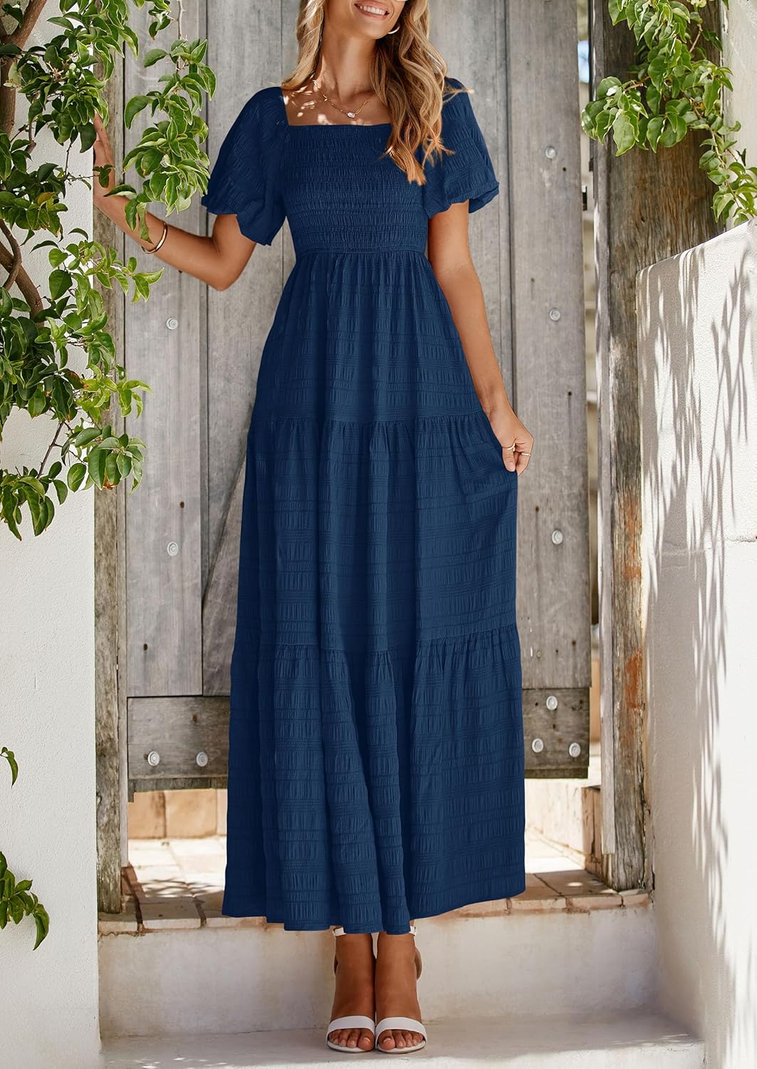 PRETTYGARDEN Womens Summer Puff Short Sleeve Maxi Dress Square Neck Smocked Tiered Ruffle A Line Long Flowy Beach Dresses - Image 8