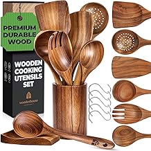 Wooden Utensil Set 8 Pcs Sturdy & Easy to Clean, Natural Teak Wooden Spoons for Cooking Non-Scratch Cooking Utensils with Spatula, Turner, Ladle, Spoons, Skimmer, Holder, Spoon Rest & 6 Hooks
