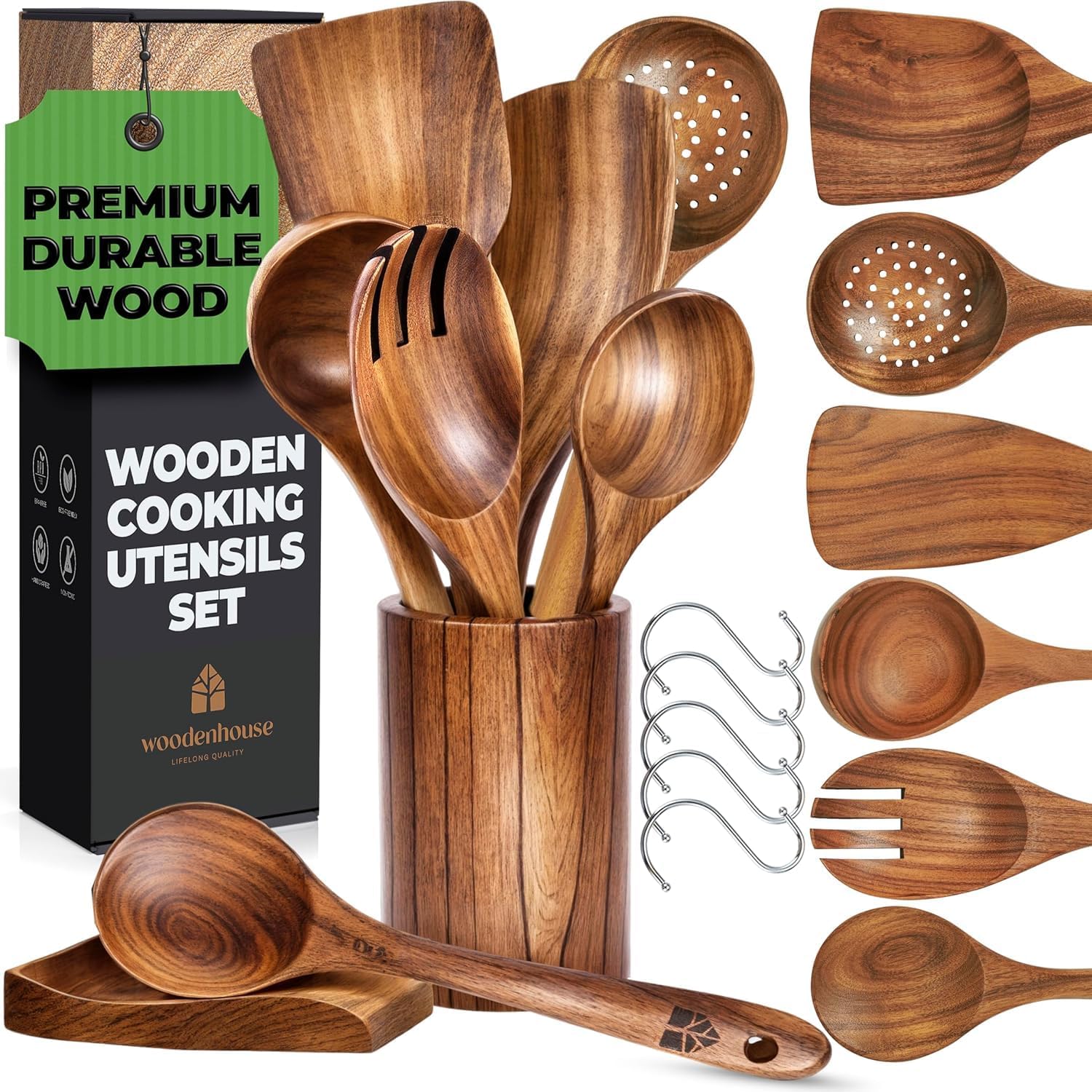 Wooden Utensil Set 8 Pcs – Sturdy & Easy to Clean, Natural Teak Wooden Spoons for Cooking – Non-Scratch Cooking Utensils with Spatula, Turner, Ladle, Spoons, Skimmer, Holder, Spoon Rest & 6 Hooks