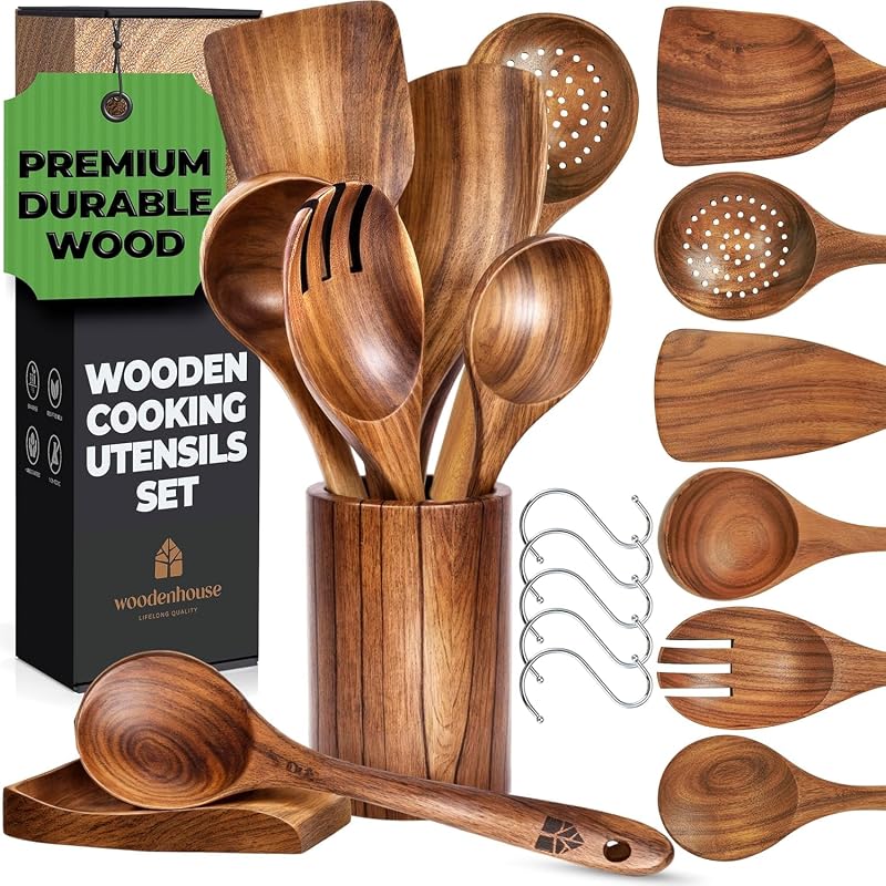 Wooden Utensil Set, 8 Pcs Teak Wooden Spoons for Cooking with Holder | Includes Spatula, Turner, Ladle, Skimmer, Spoon Rest & 6 Hooks – Sturdy, Non-Scratch, Easy to Clean