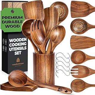 Wooden Utensil Set 8 Pcs – Sturdy & Easy to Clean, Natural Teak Wooden S...