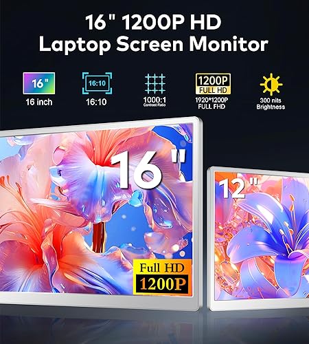 Miniatura 2 de FOPO Extensor de pantalla para portátil de 16 pulgadas, 1200P 16:10 FHD Triple Monitor para 12 ~ 18.5 pulgadas, monitor portátil para laptop