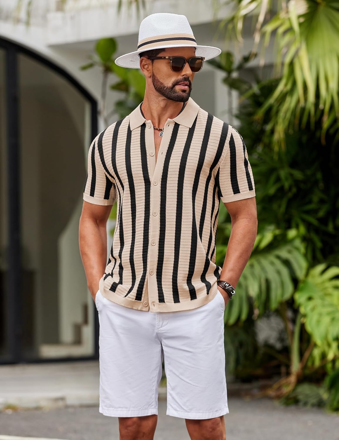 COOFANDY Men's Knit Shirts Short Sleeve Button Down Polo Shirt Striped Casual Summer Beach Shirts - Image 8