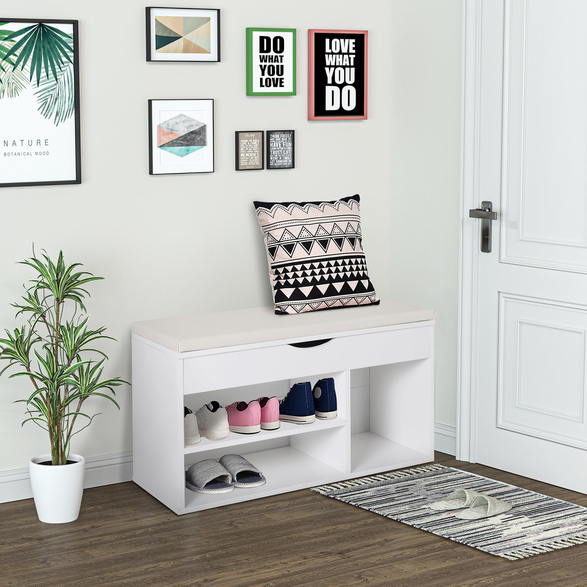 HOMCOM Panca Scarpiera da Ingresso, Scarpiera Salvaspazio Slim con Seduta Imbottita Ribaltabile e Ripiani Aperti, per Ingresso Corridoio, 80x30x47cm, Bianco