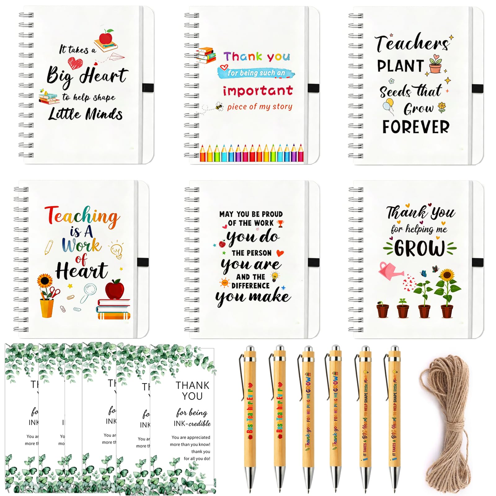 LOHENYOR 6 Pack Teacher Thank You Gifts, End of Term Leaving Presents for Nursery Teacher Teaching Assistant, Appreciation Notebooks with Bamboo Pens Set, Meaningful Stationery Gift from Students