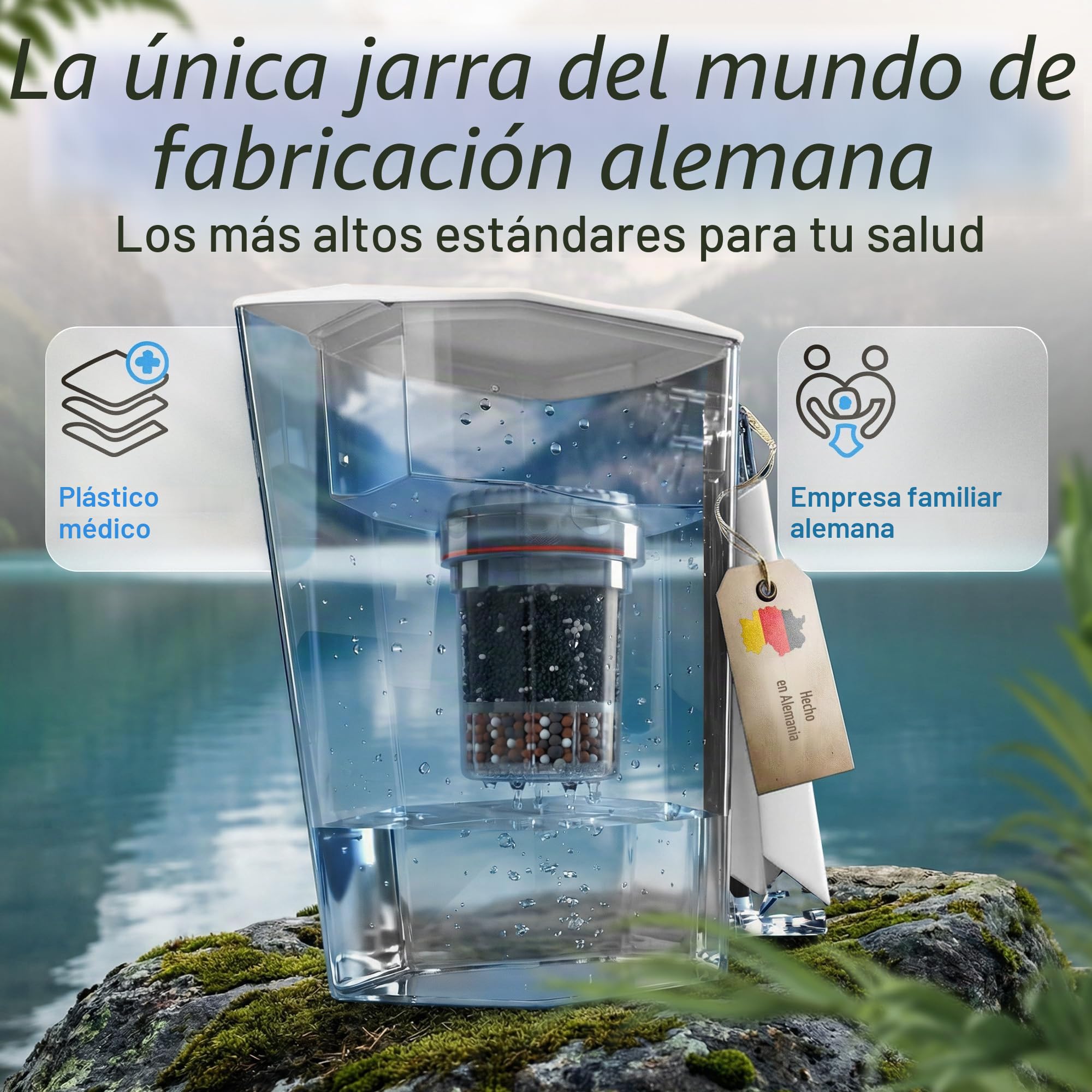 Filtro de agua MAUNAWAI® Premium Bio, incluye 1 jarra de agua + 1 cartucho filtrante y almohadilla de filtro (para 3 meses) - Blanco, filtro de agua potable + jarra con filtro