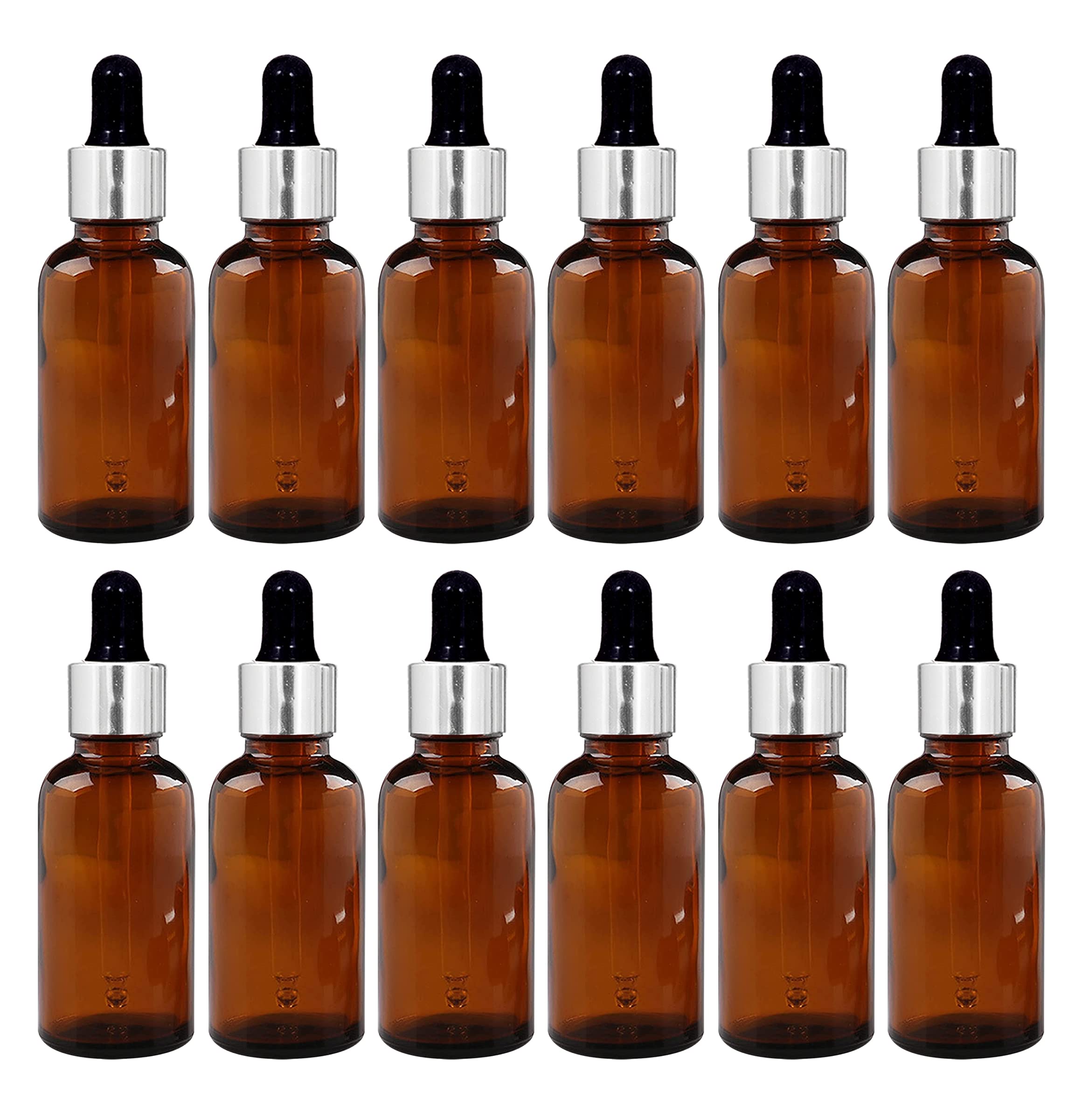 30 ML Amber Round Empty Glass Bottle + Glass Dropper + Silver Ring + Black Silicone Teat, Refillable, Reusable, Leak Proof for Essential Oils, Blends, DIY Perfumes (Pack of 12)-image-25