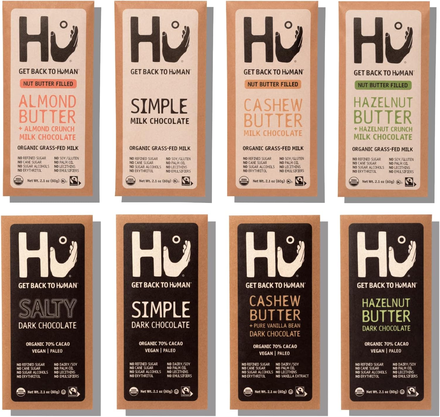 Hu Grass-Fed Milk and Dark Chocolate SAMPLER PACK | Natural Ingredients, Organic Milk, Gluten Free, Paleo, Non GMO, Fair Trade Delicious Chocolate | 8 Pack | 2.1oz Each