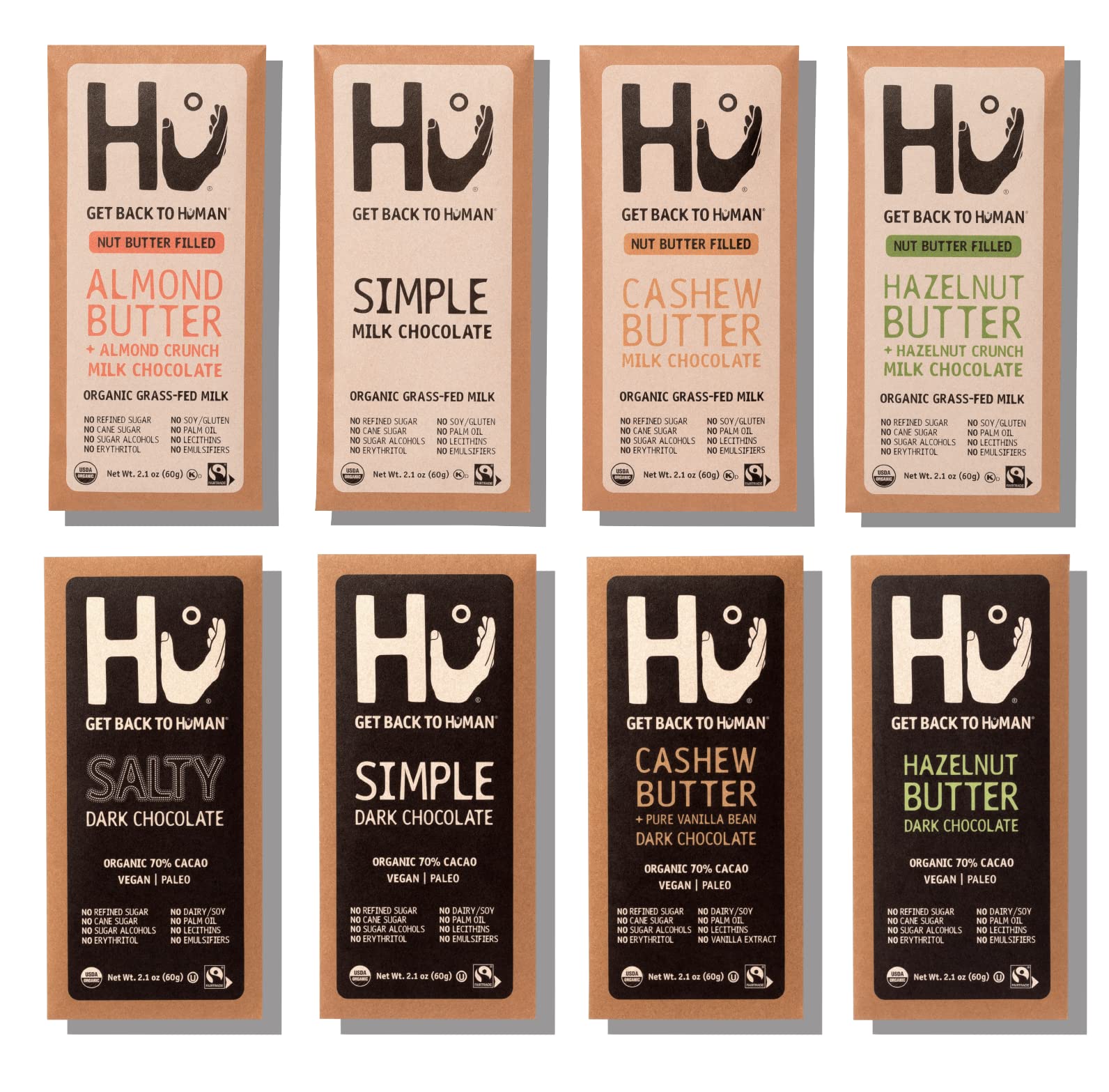 Hu Grass-Fed Milk and Dark Chocolate SAMPLER PACK | Natural Ingredients, Organic Milk, Gluten Free, Paleo, Non GMO, Fair Trade Delicious Chocolate | 8 Pack | 2.1oz Each
