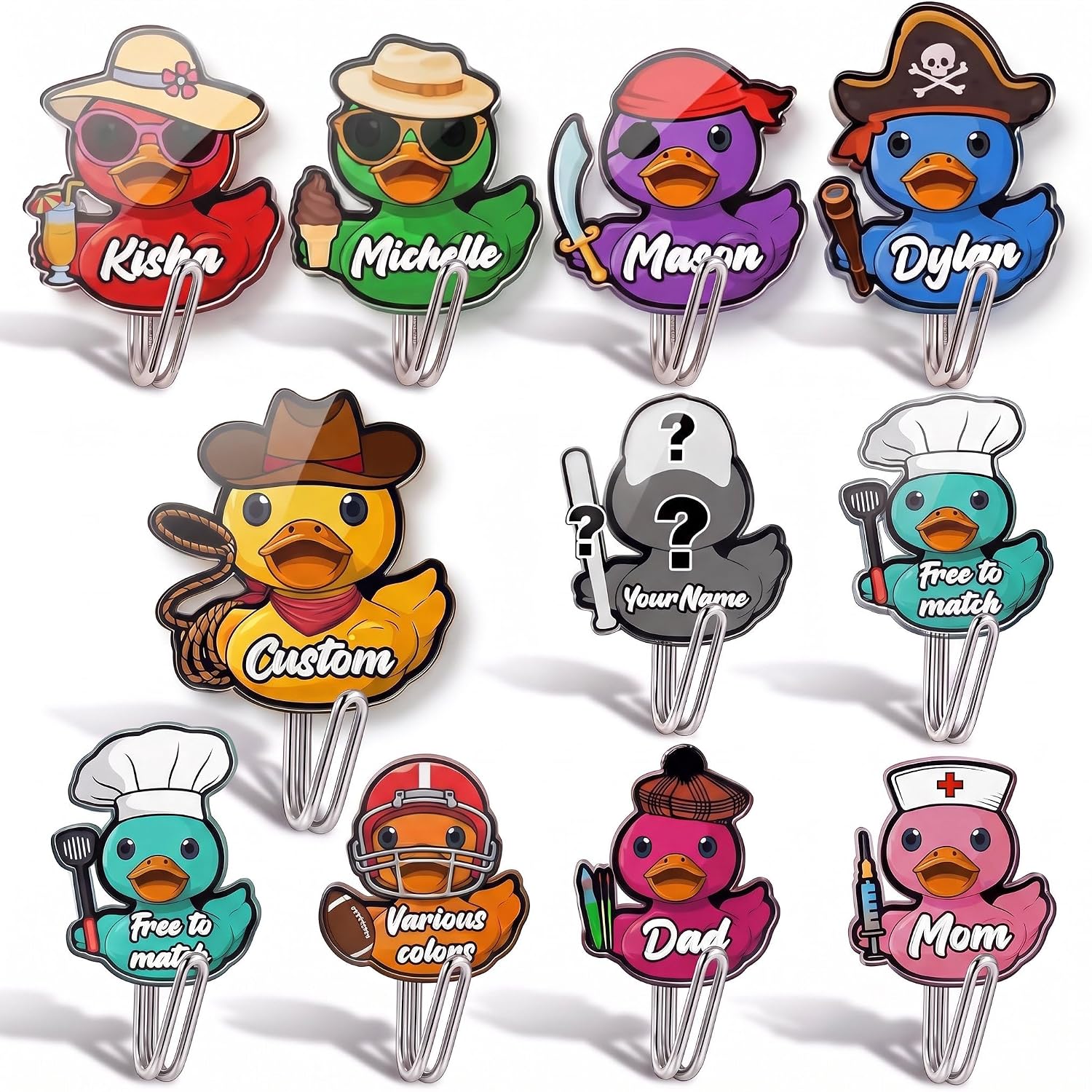 Custom Ducks Adhesive Wall Hooks No Drill Clear Heavy Duty Waterproof Transparent Sticky Hooks for Hanging, Multiple patterns and colors are available. No Damage,Ideal for Bathroom,Kitchen,Home