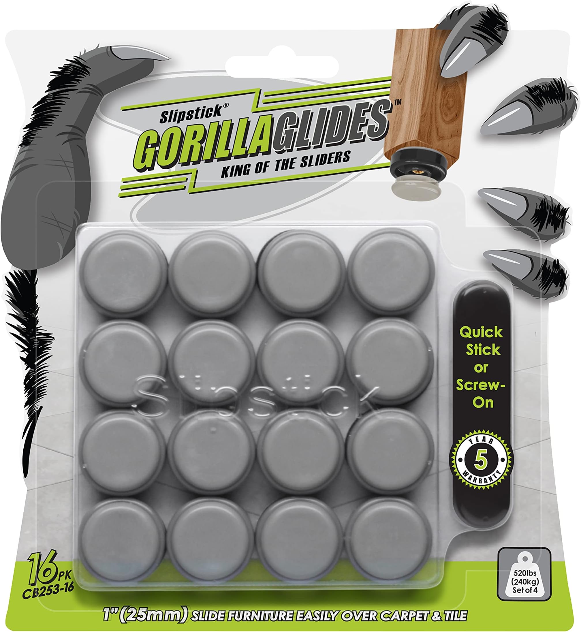 GorillaGlides 1" Chair Slider/Floor Protector (16 Furniture Glides) Adhesive Threaded Glides for Sliding on Low Pile Carpet or Hard Surface Floors, Circular, CB253-16