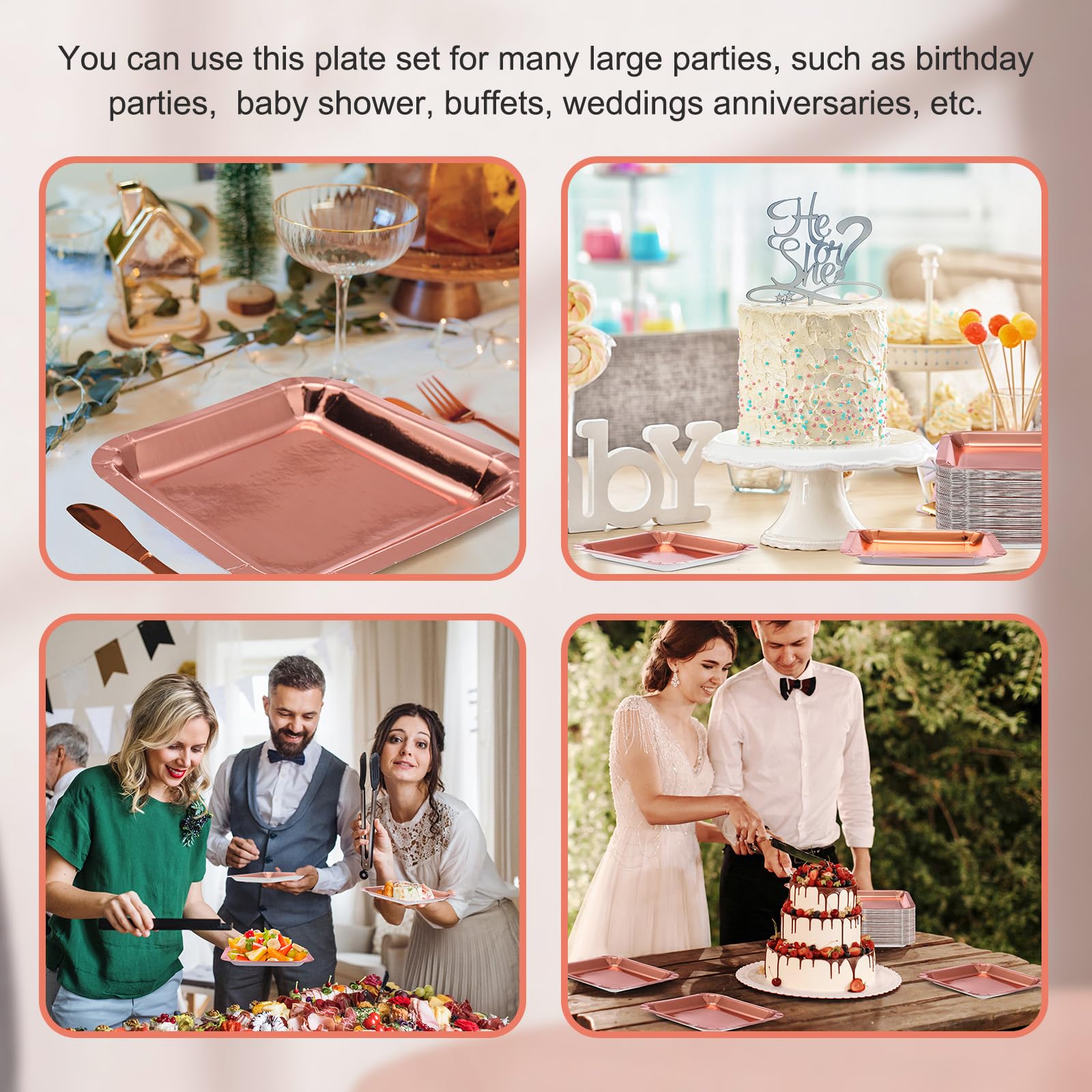YUYAN-50 Pack 7 Inch Paper Square Plates Appetizer Disposable Cake Plates Disposable Lunch Metallic Foil Dessert Tableware Christmas Birthday Wedding
