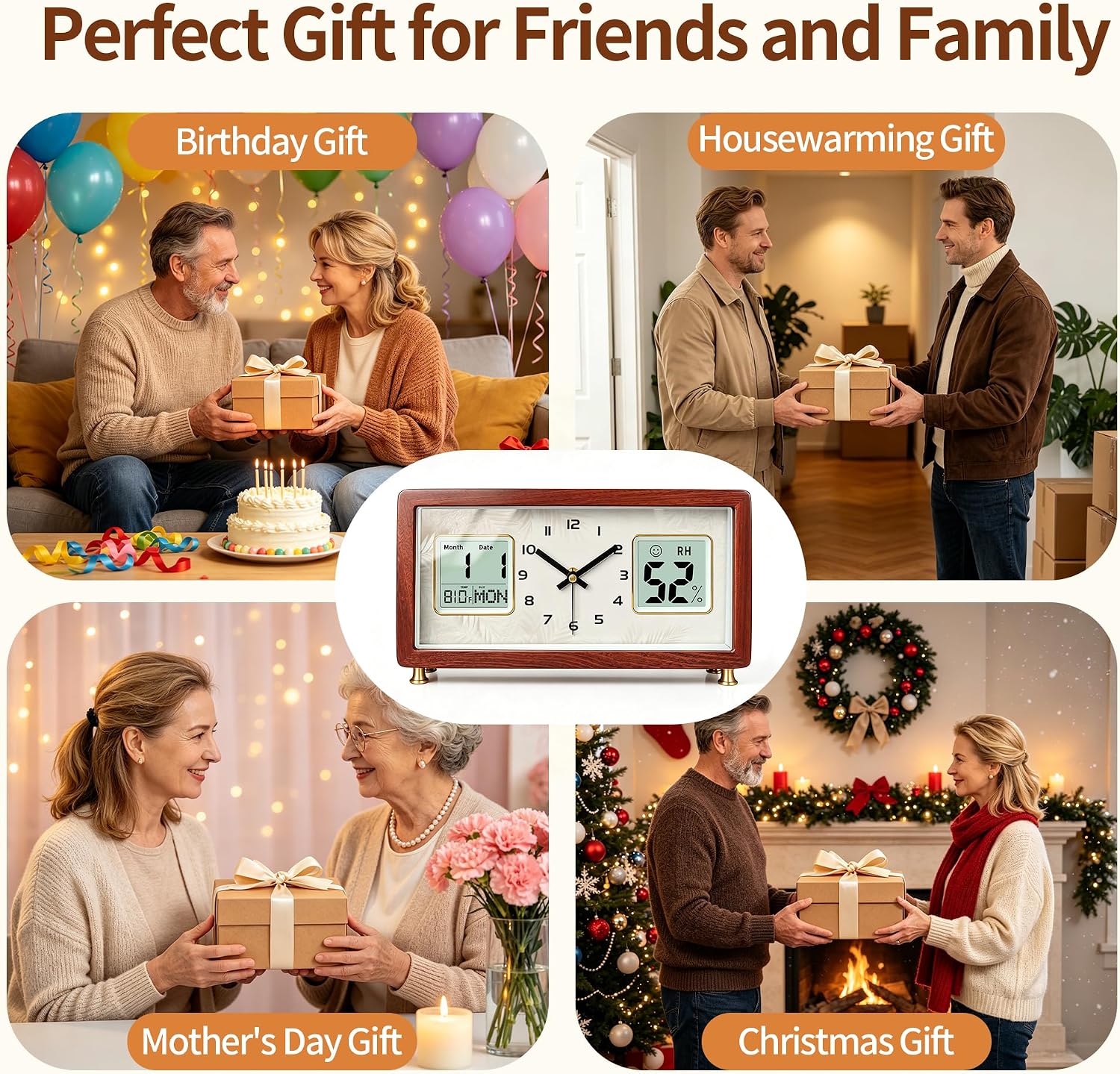 Wooden Mantel Clock with Temperature Humidity, Silent for Fireplace