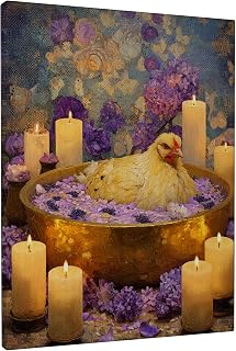 Spring Floral Chicken Canvas Wall Art, Violet Yellow Poster Prints, Abstract Bath Decor For Living Room, Bedroom, Bathroom, Dorm, Wrapped Canvas 8x10 Inch