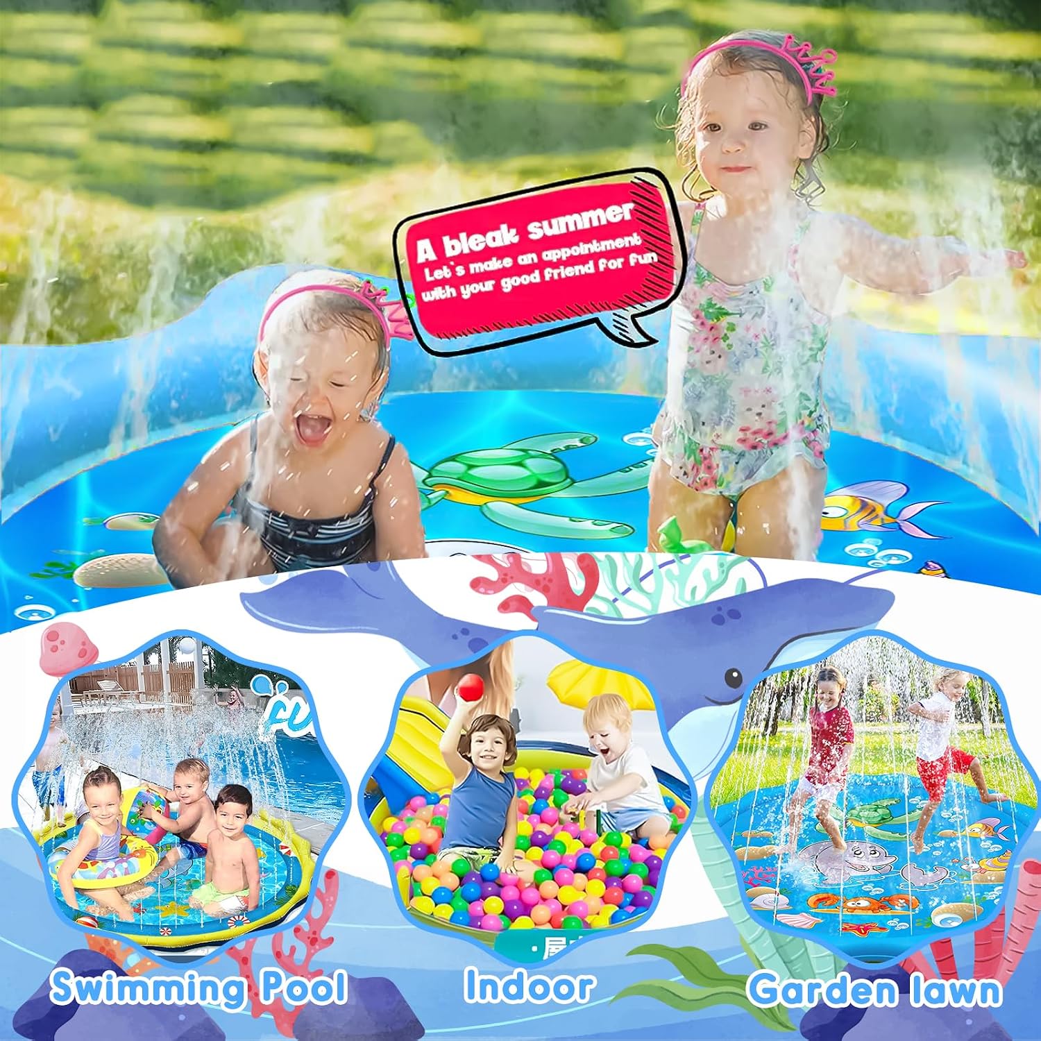 Purpledi Splash Pad, игровой коврик, распылитель, 170 см, детский игровой коврик, противоскользящий, водная игрушка для детей, игровой коврик, на лето, для сада, для детского праздника, для детей в возрасте от 3 до 12 лет, для