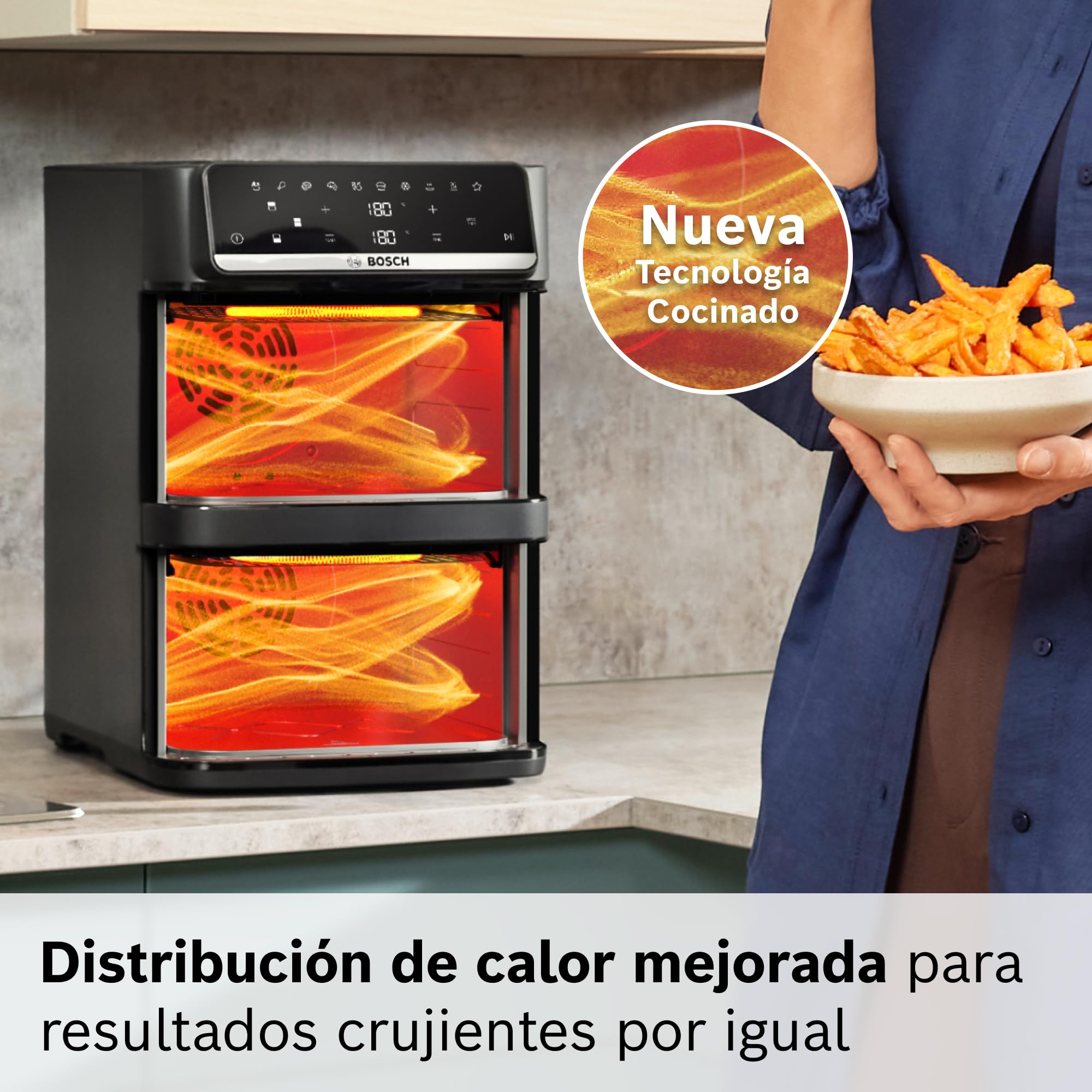 Bosch Freidora de aire Serie 6, XXL doble cesta 12 L, 2 cestas de 6 L con función SYNC, 6 programas, recubrimiento no tóxico, interior de metal, negro, MAFD661B0