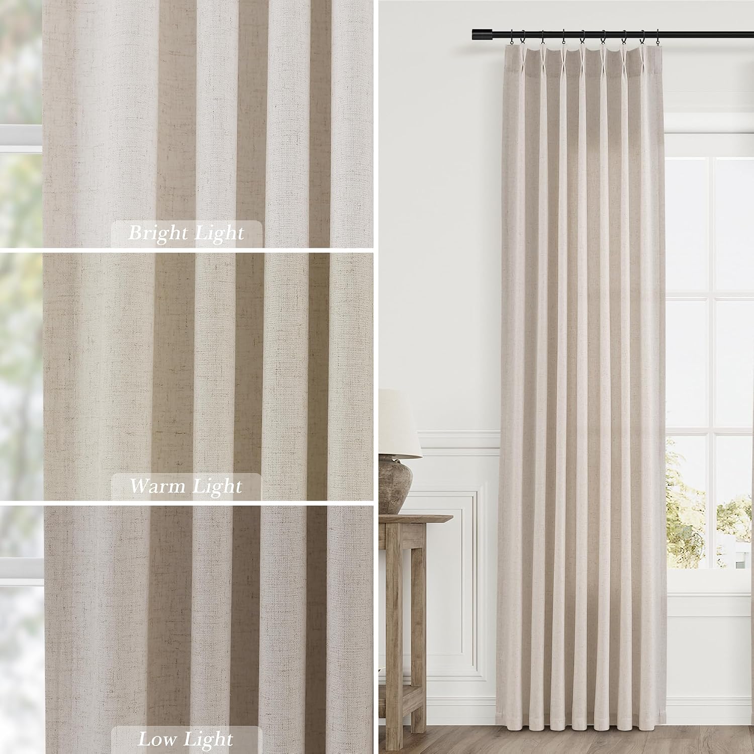 Aersas Birch Beige Pleated Linen Curtains 108 Inches Long for Living Room 2 Panels Set Natural Pleat Drapes Back Tab Semi Sheer Neutral Boho Ceiling to Floor Window Curtain for Bedroom 9 FT