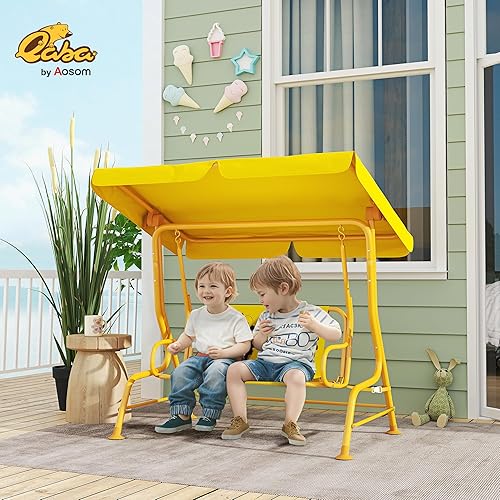 Miniatura 2 de Qaba Columpio de patio para niños, 2 plazas para porche al aire libre con toldo ajustable, cinturón de seguridad, banco colgante con patrón de león